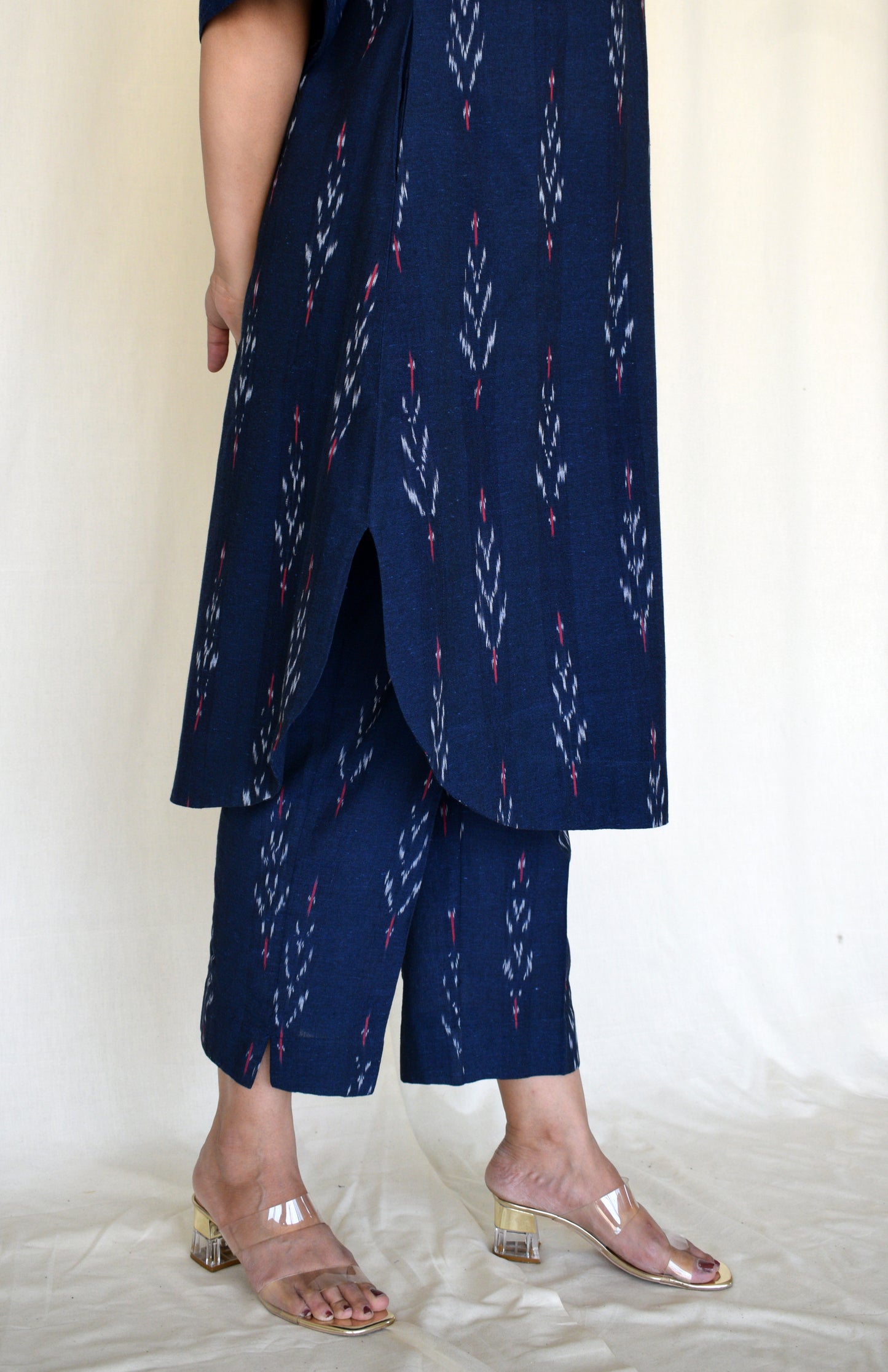 Navy blue ikat straight fit trousers