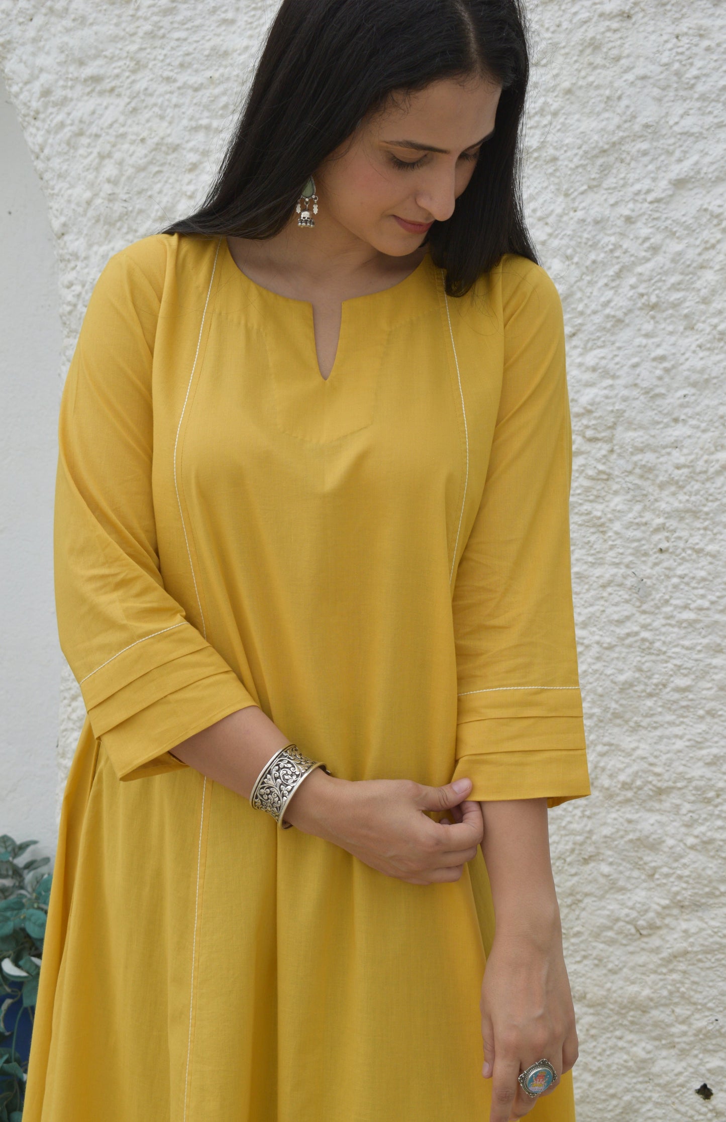 Yellow A line Cotton Kurta with Panels and yellow pajama