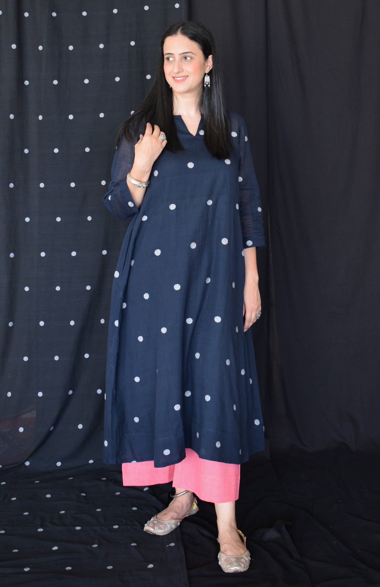 Black jamdani A line Polka dot kurta