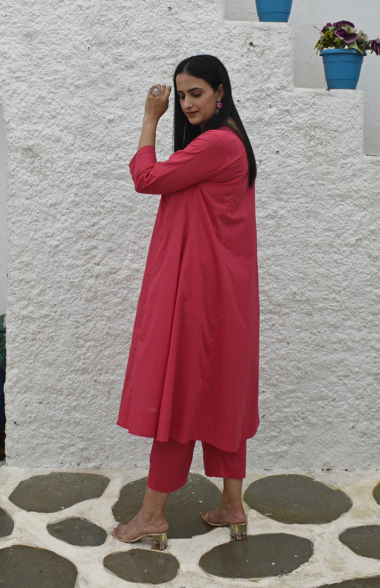 Pink A line cotton kurta with panels