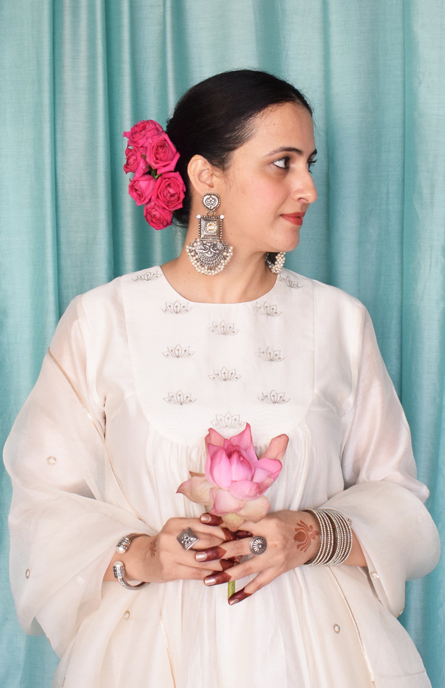 Sufi Chanderi Set with Hand Embroidered Yoke and Wide Legged Pyjama