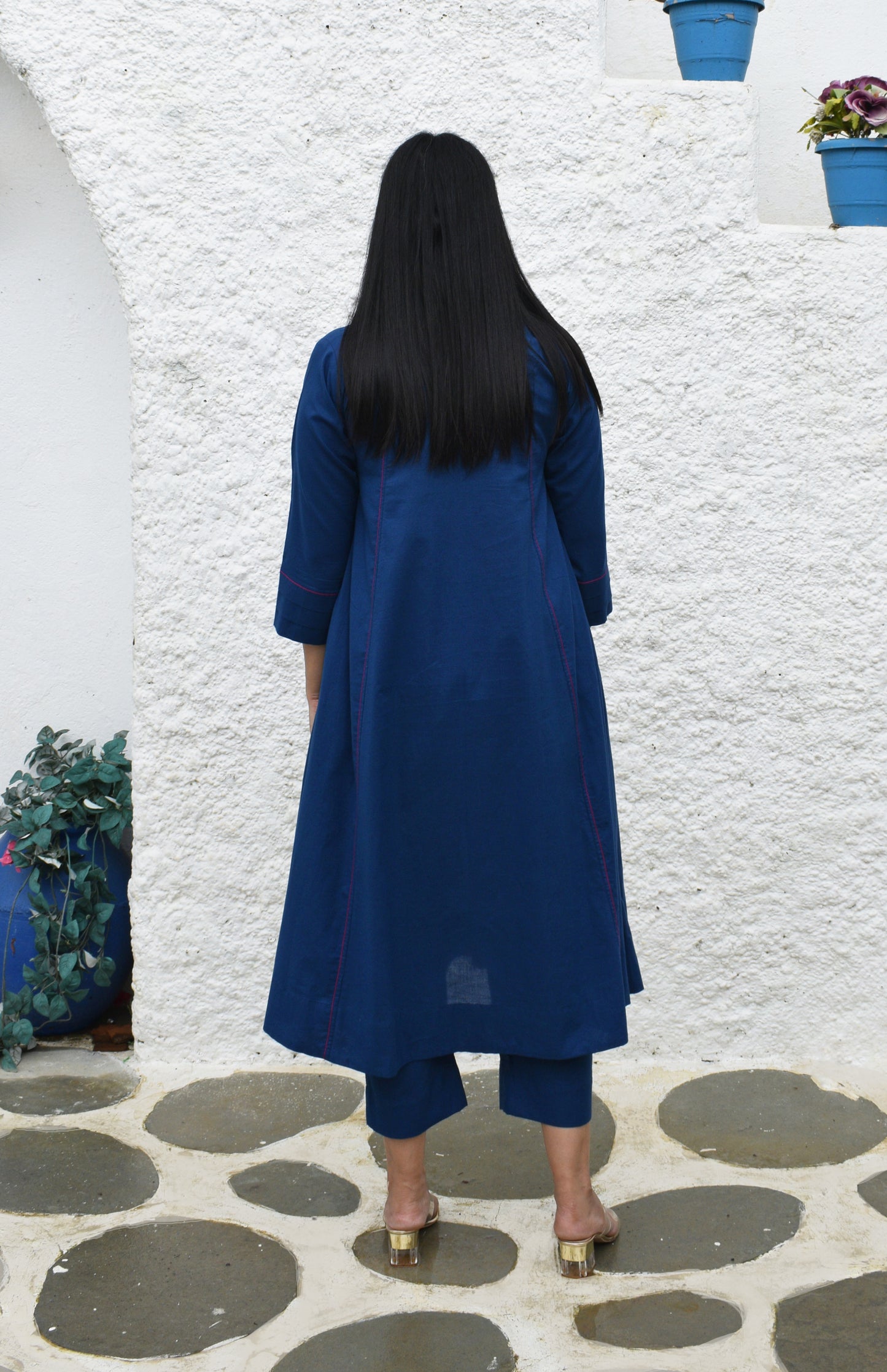 Midnight blue A line Cotton Kurta with Panels and Blue pyjama