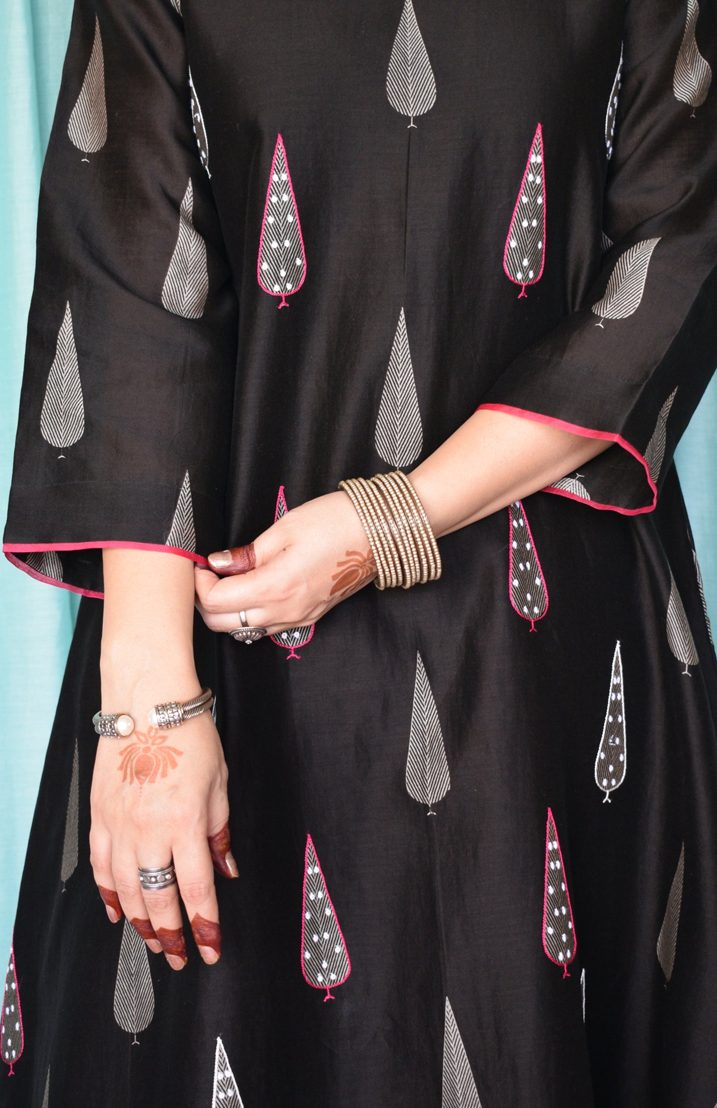Shyam Chanderi Set with Hand Embroidered A line Kurta and Wide Legged Pyjama