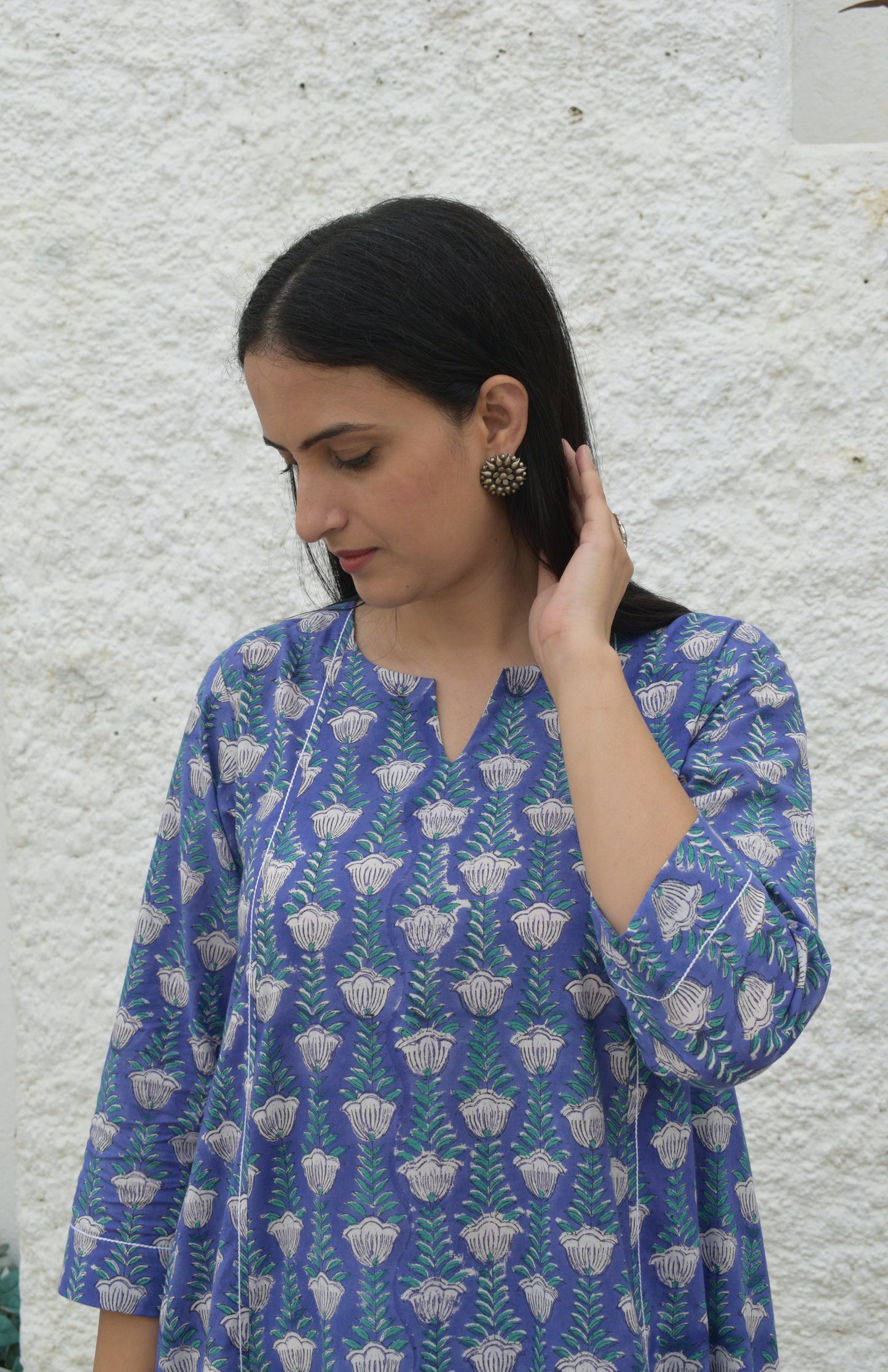 Violet block printed A line cotton kurta with panels