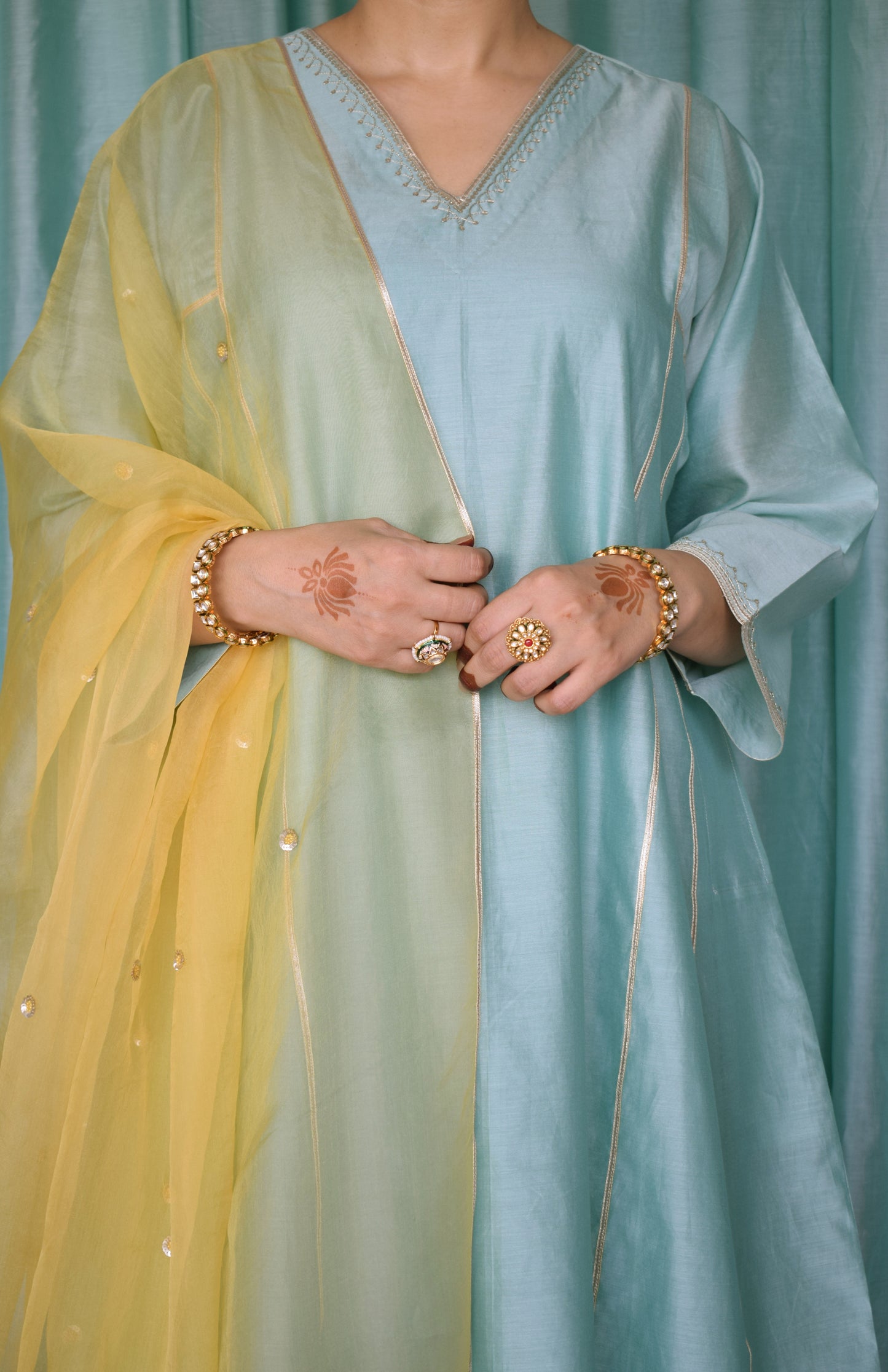 Yellow Silk Organza Hand Embroidered Dupatta
