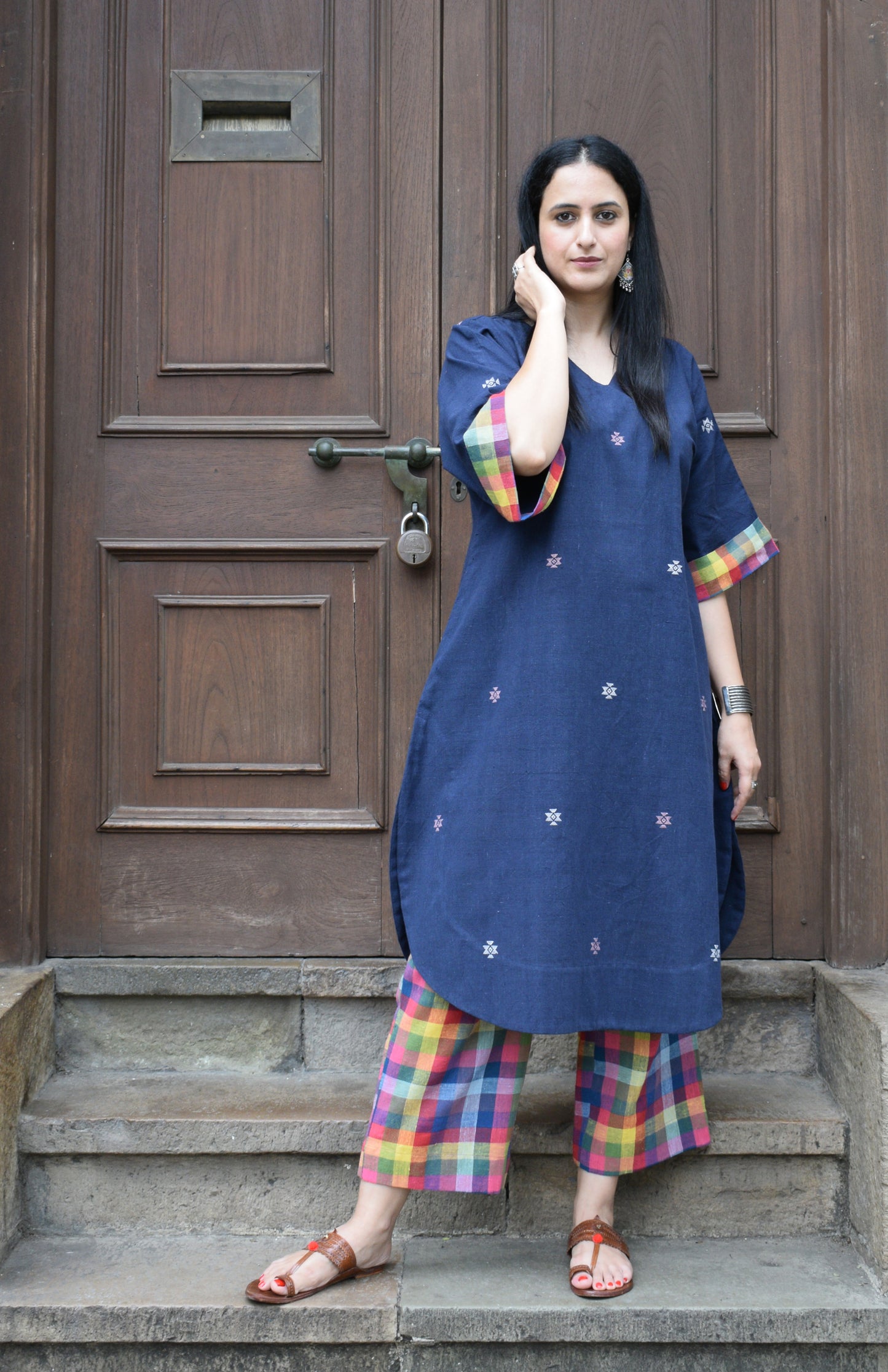 Navy blue Chowmukh Kala Cotton Choga and pants