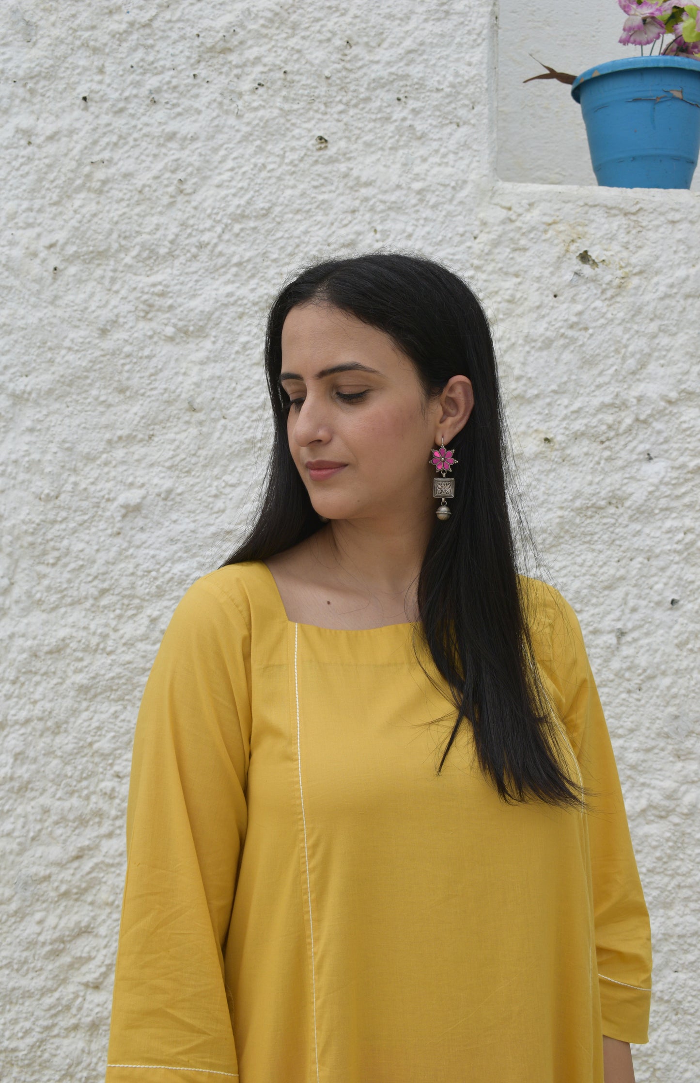 Yellow Flared Cotton Kurta with square neck