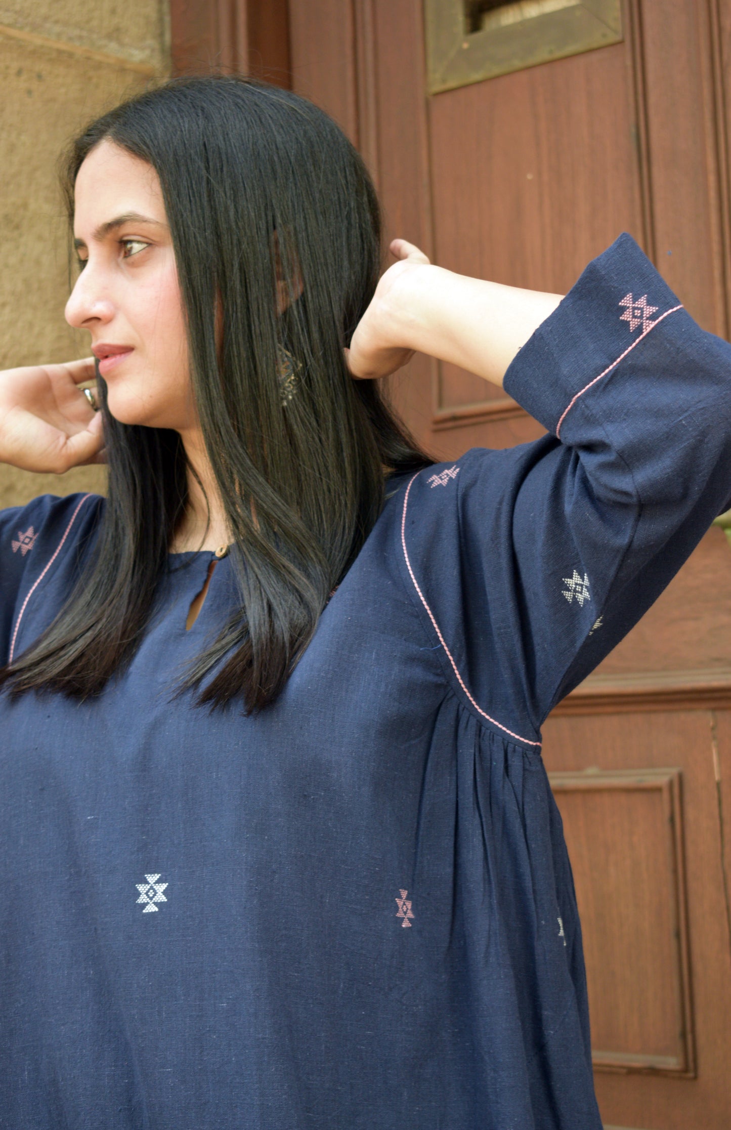 Navy blue kala cotton kurta with side gathers