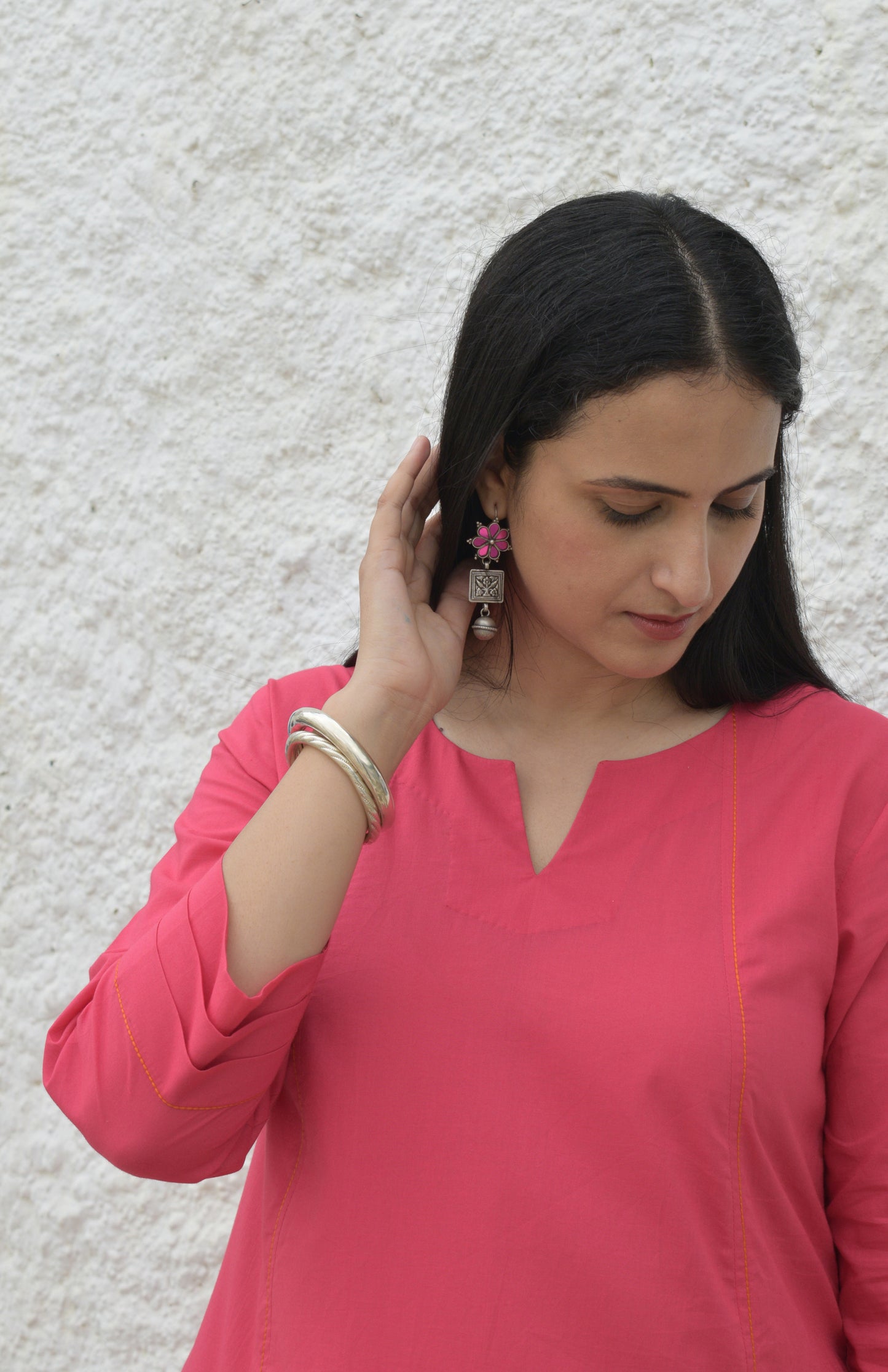 Pink A line cotton kurta with panels