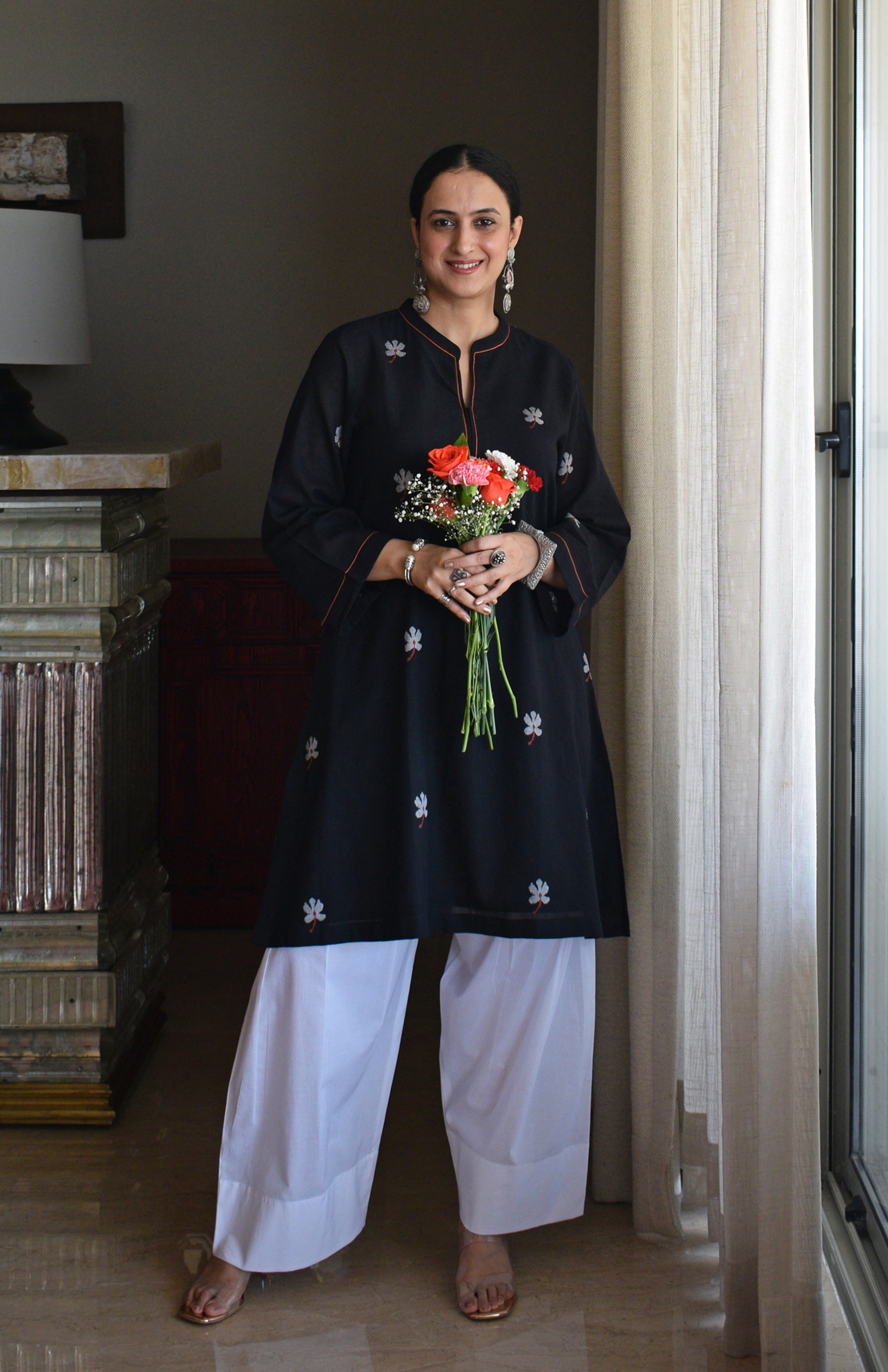 Dark Grey Jamdani Handloom Cotton Short Kurta
