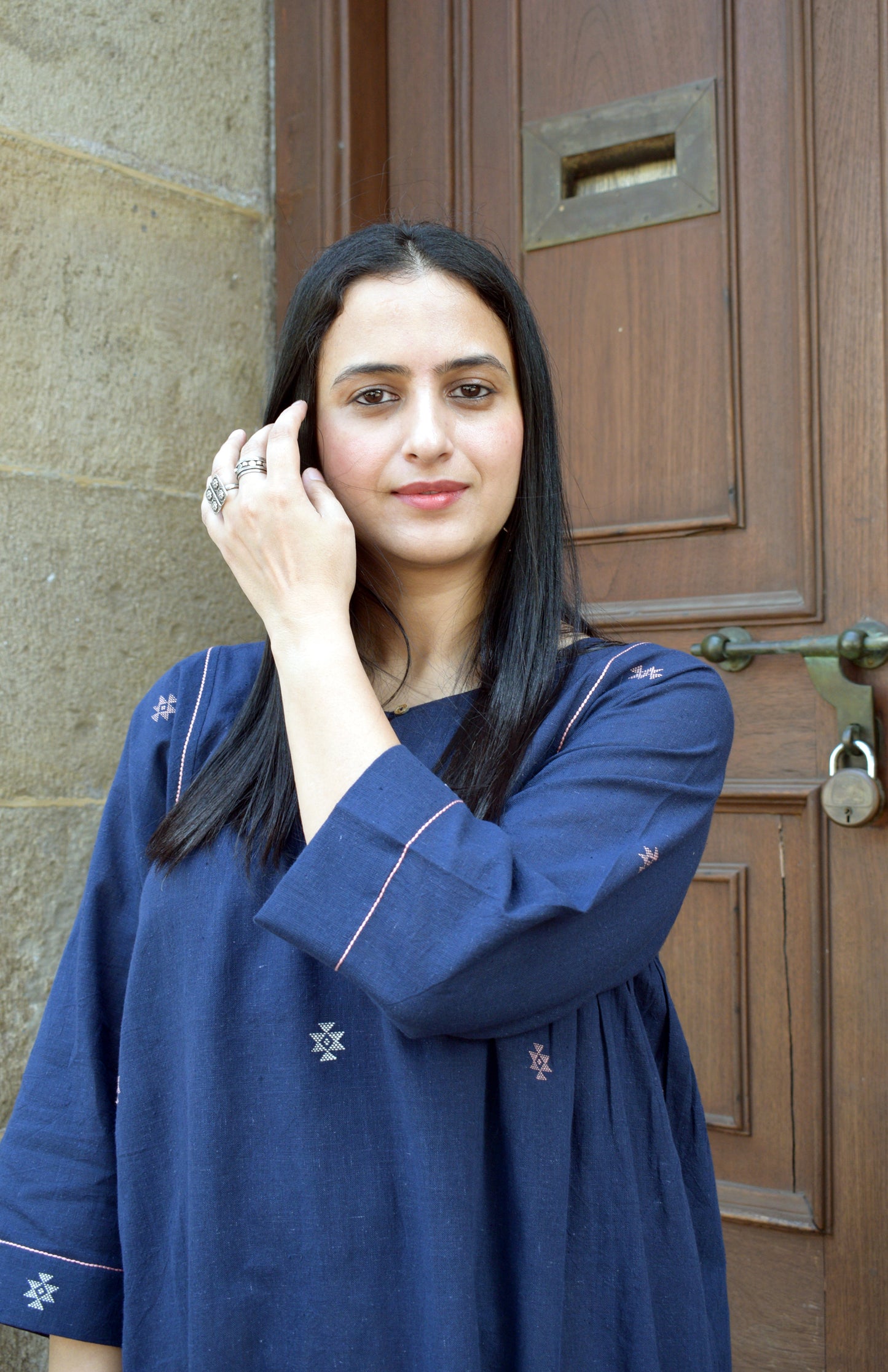 Navy blue kala cotton kurta with side gathers