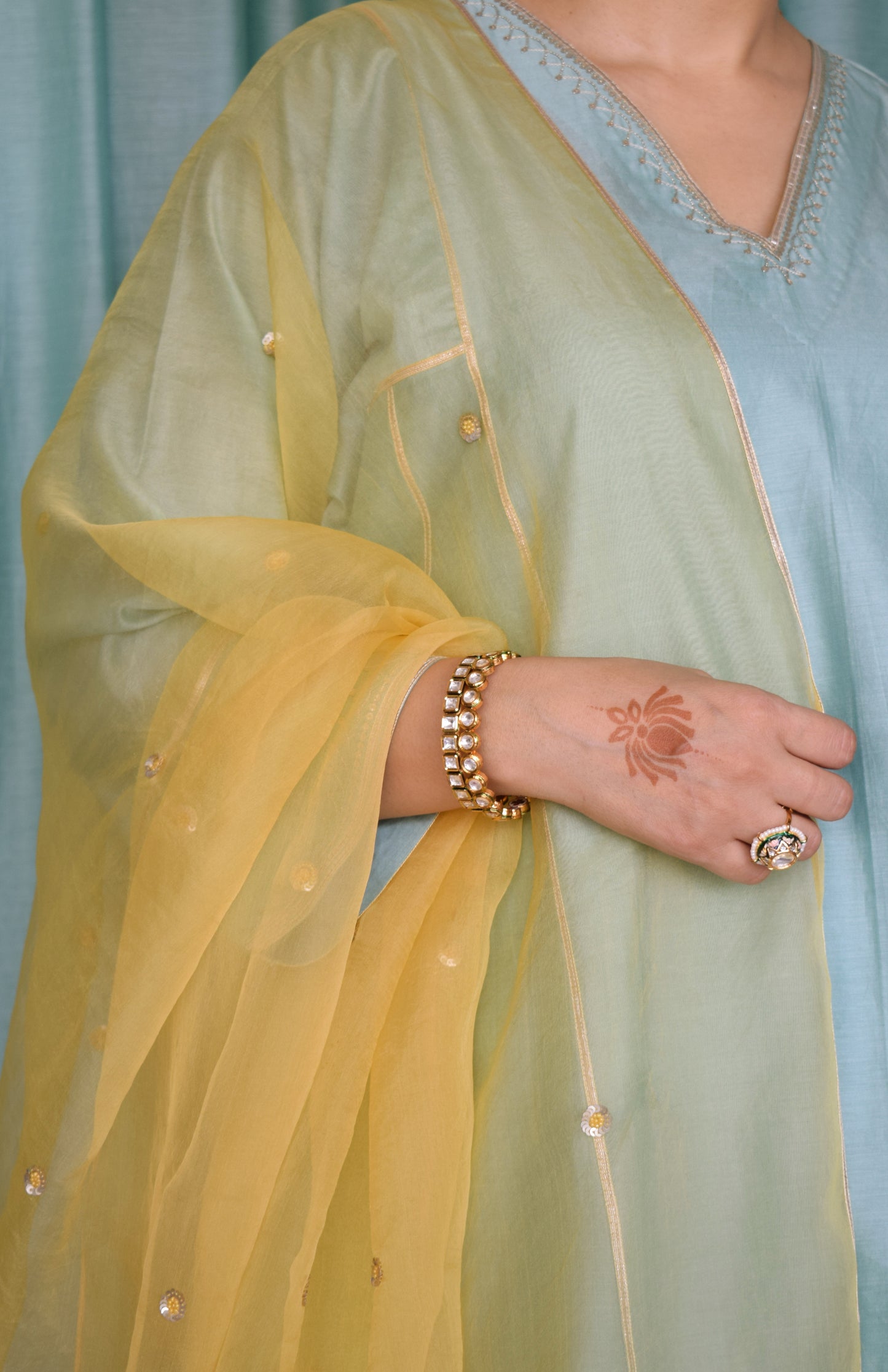 Yellow Silk Organza Hand Embroidered Dupatta