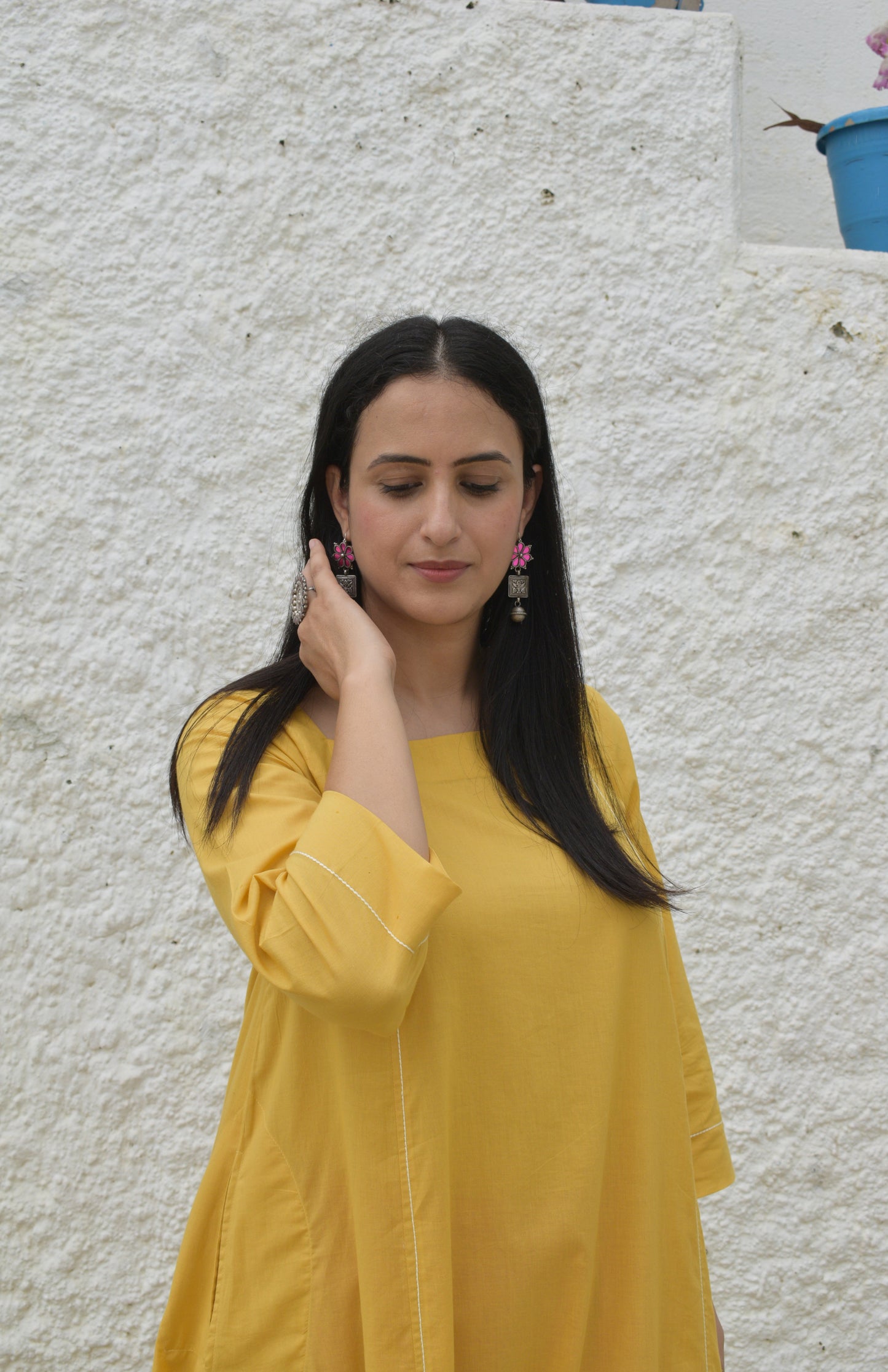 Yellow Flared Cotton Kurta with square neck