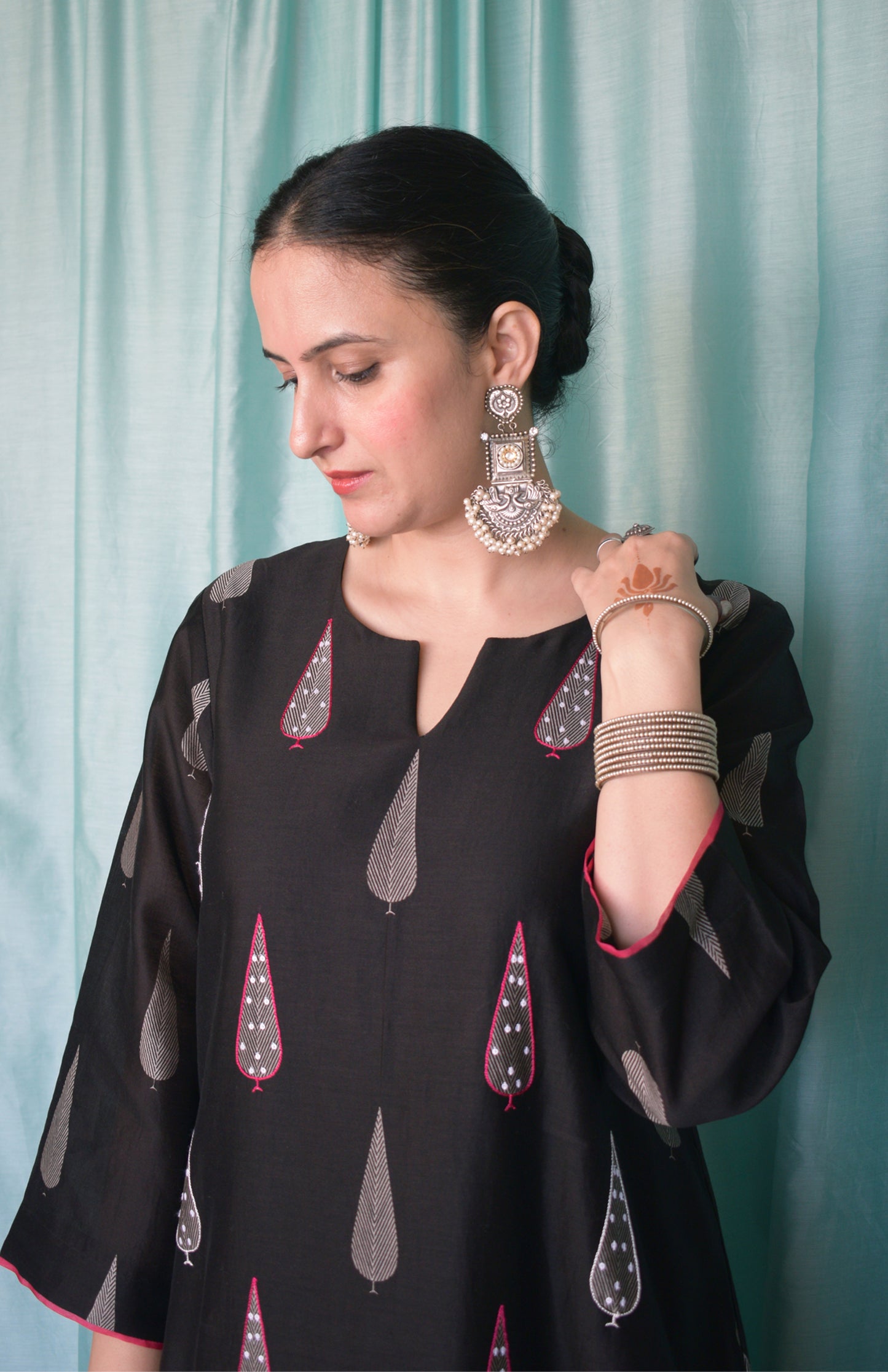 Shyam Chanderi Set with Hand Embroidered A line Kurta and Wide Legged Pyjama