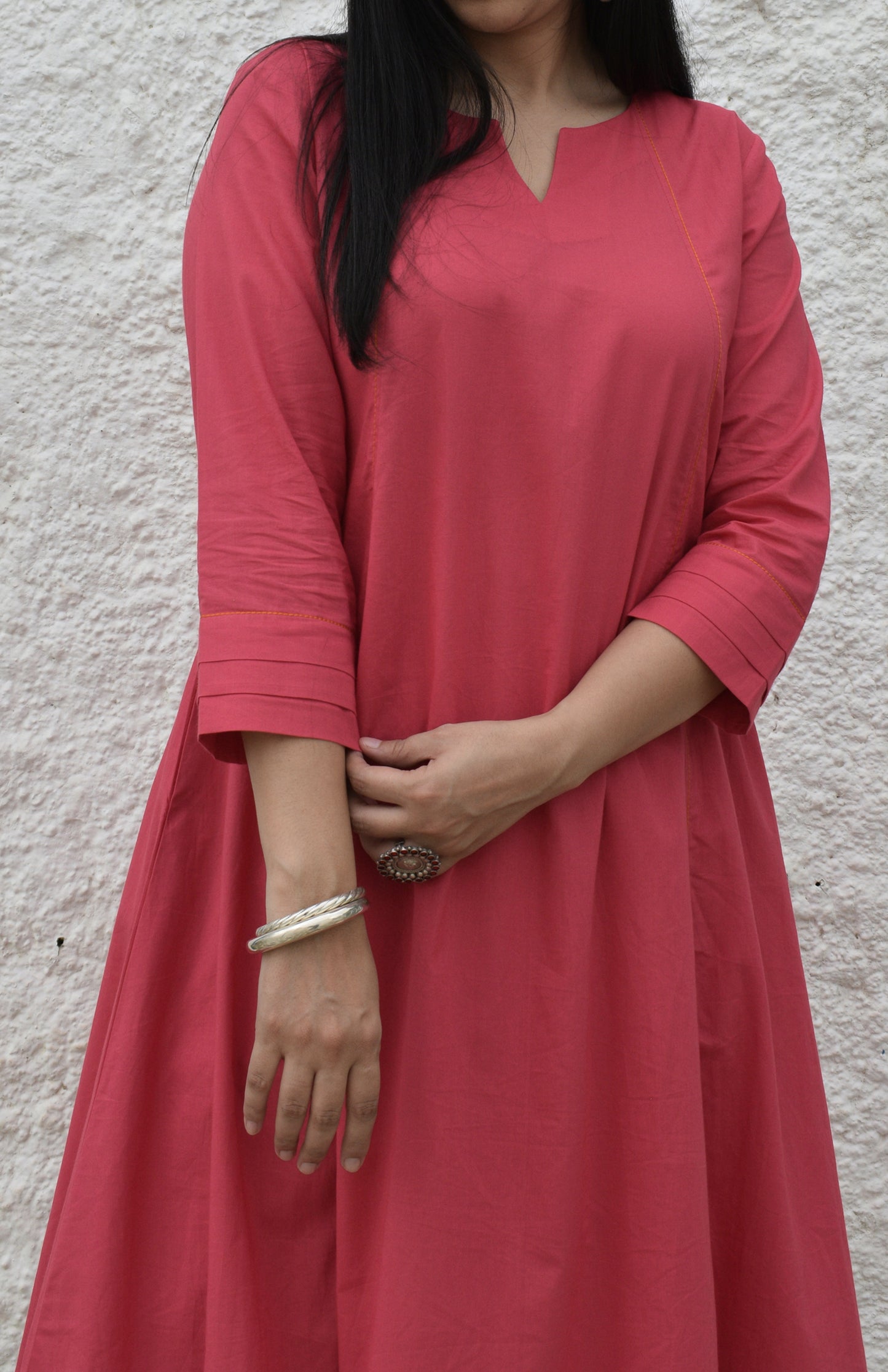 Pink A line Cotton Kurta with Panels and pink pyjama