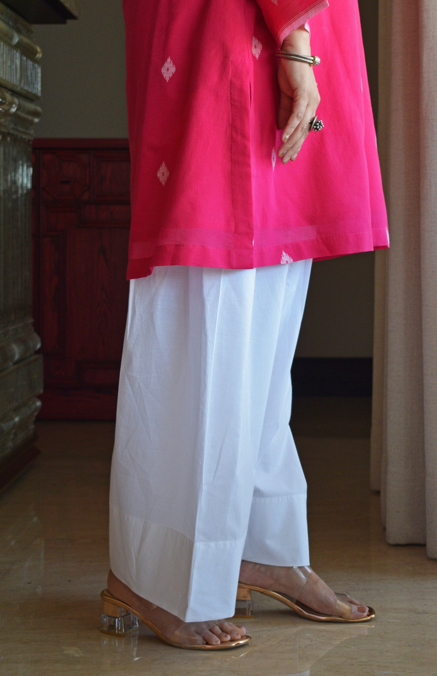 Rani Pink Jamdani Short Kurta with Pleated White Pyjama
