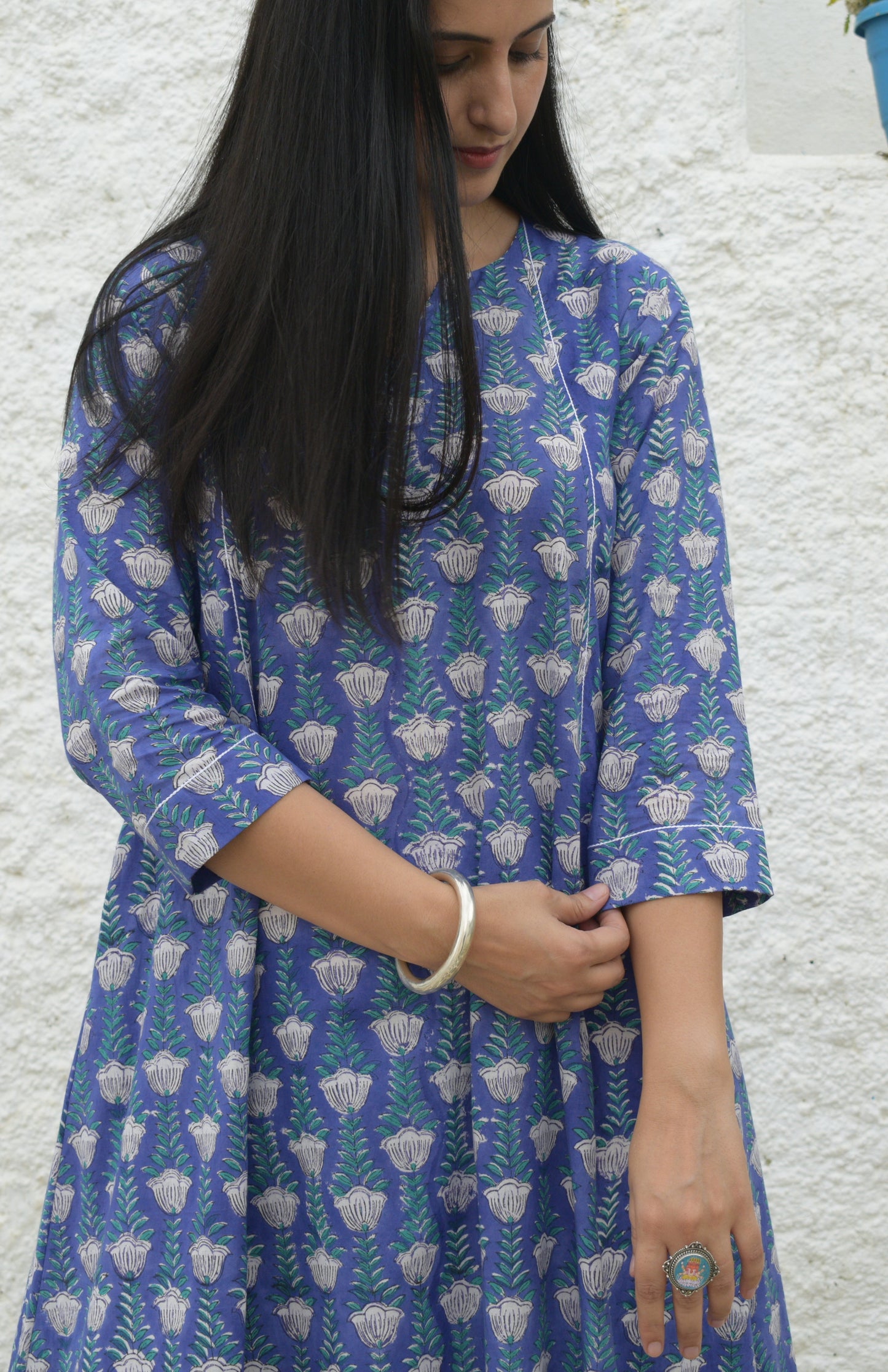Violet block printed A line cotton kurta with panels