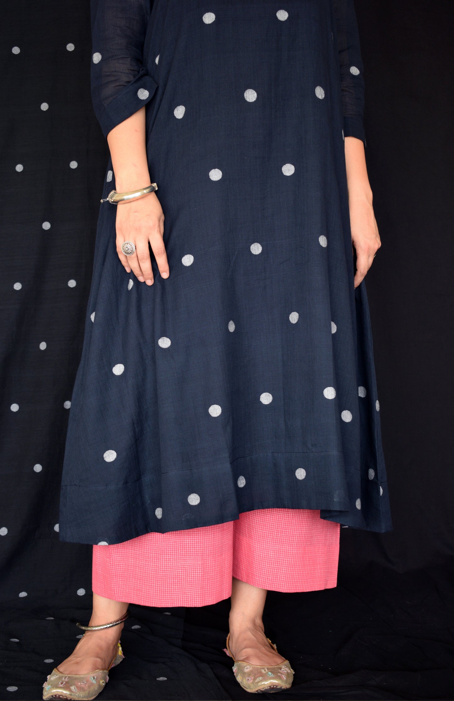 Black jamdani A line Polka dot kurta