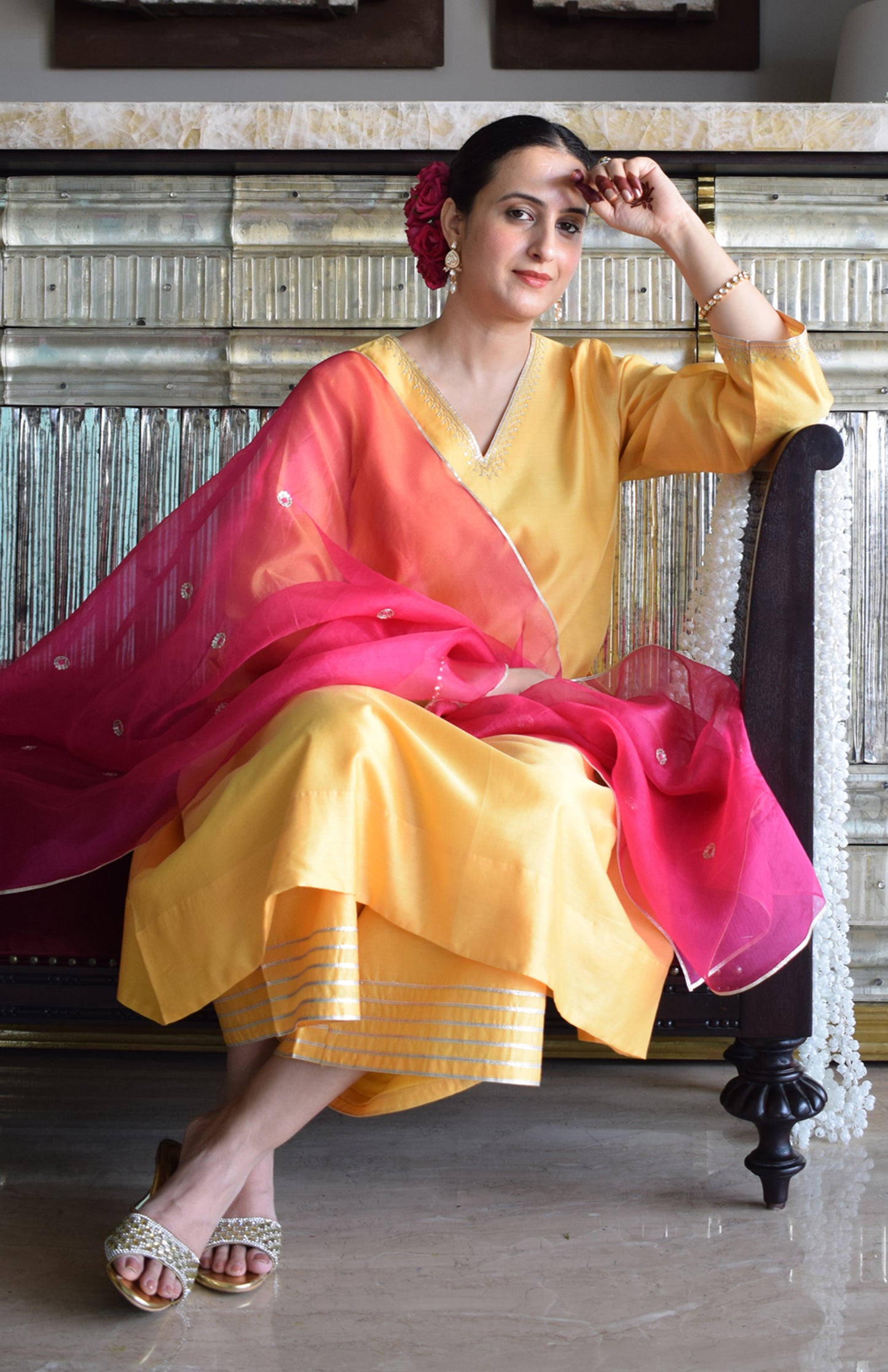 Kanak Chanderi Set with Hand Embroidered A line Kurta and Wide Legged Pyjama