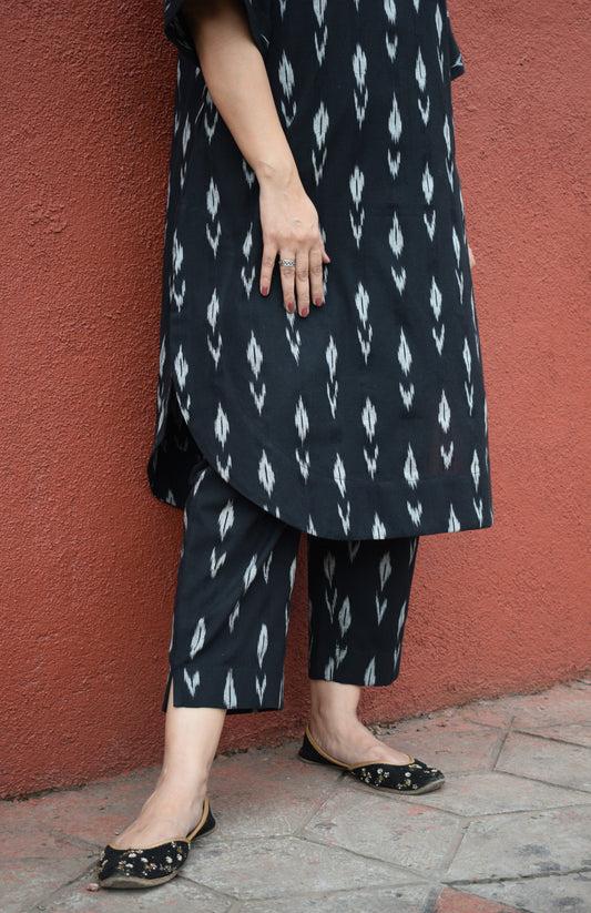Black ikat straight fit trousers