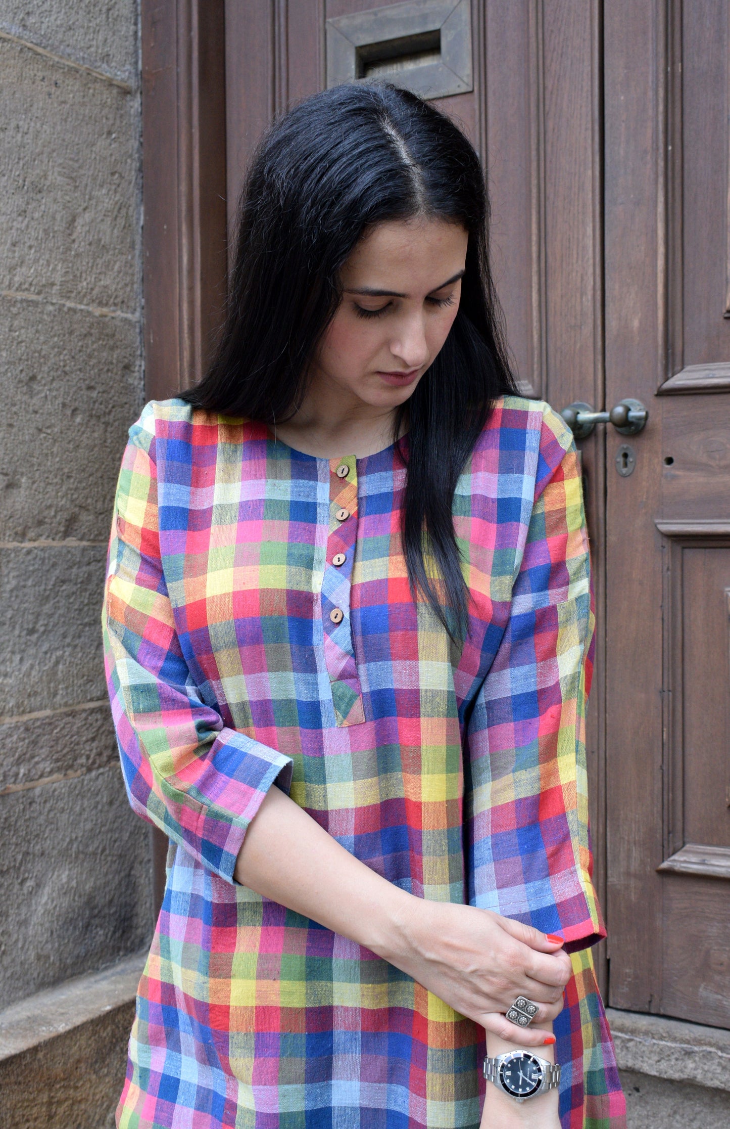Multicolor checks Kala cotton kurta with round neck