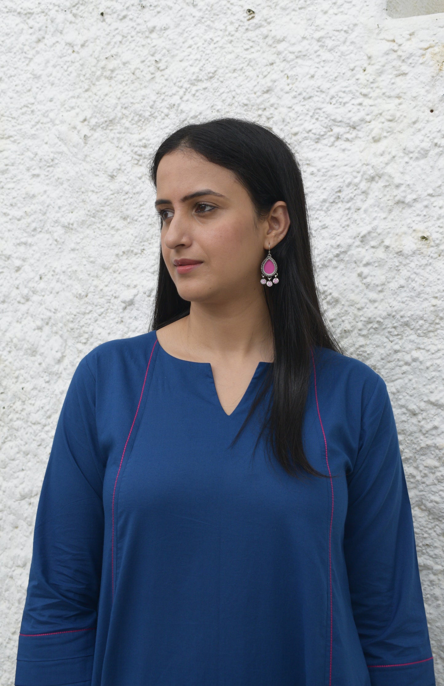 Midnight blue A line cotton kurta with panels