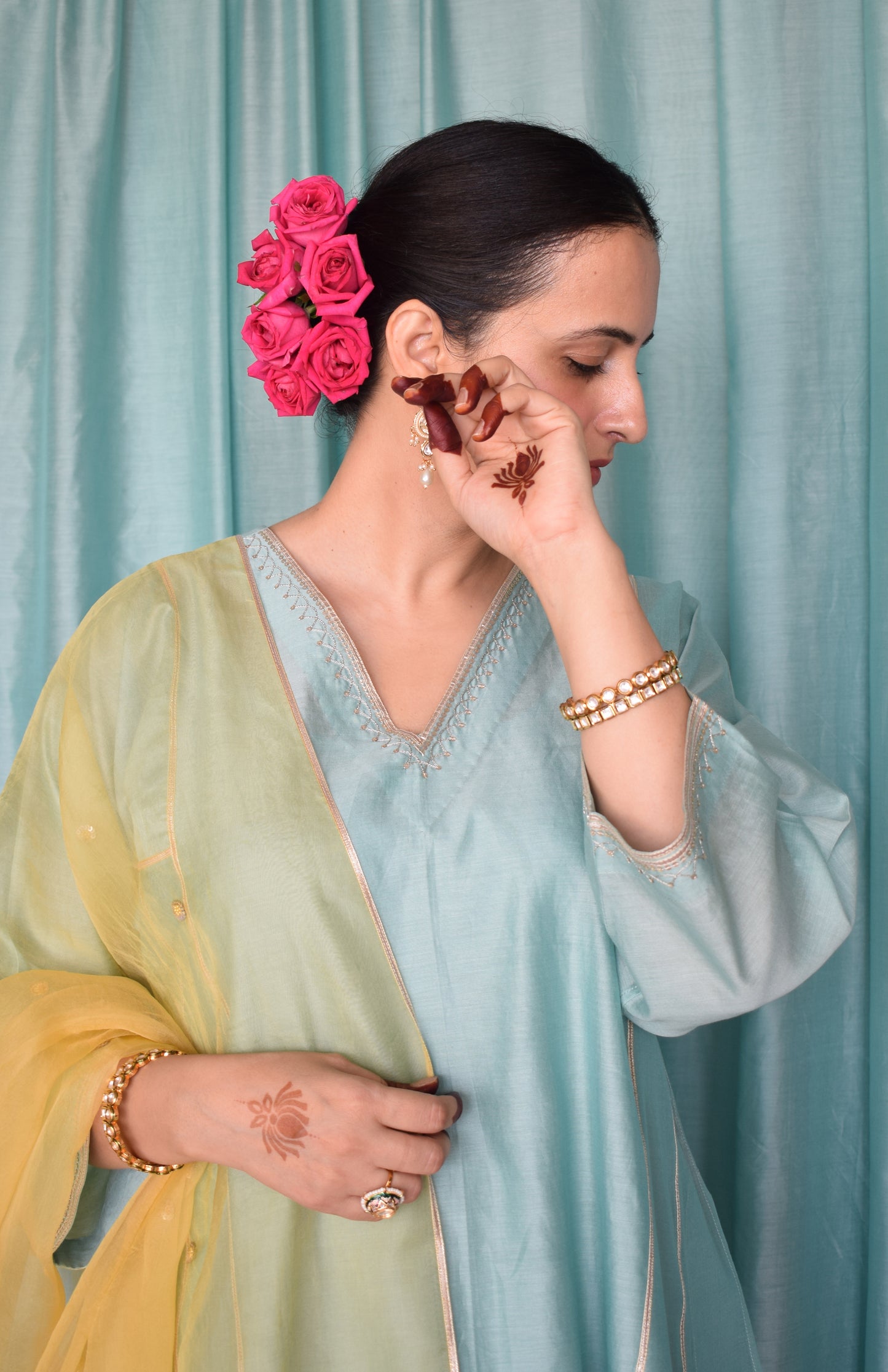 Meher Chanderi Set with Hand Embroidered Phiran Kurta and Wide Legged Pyjama