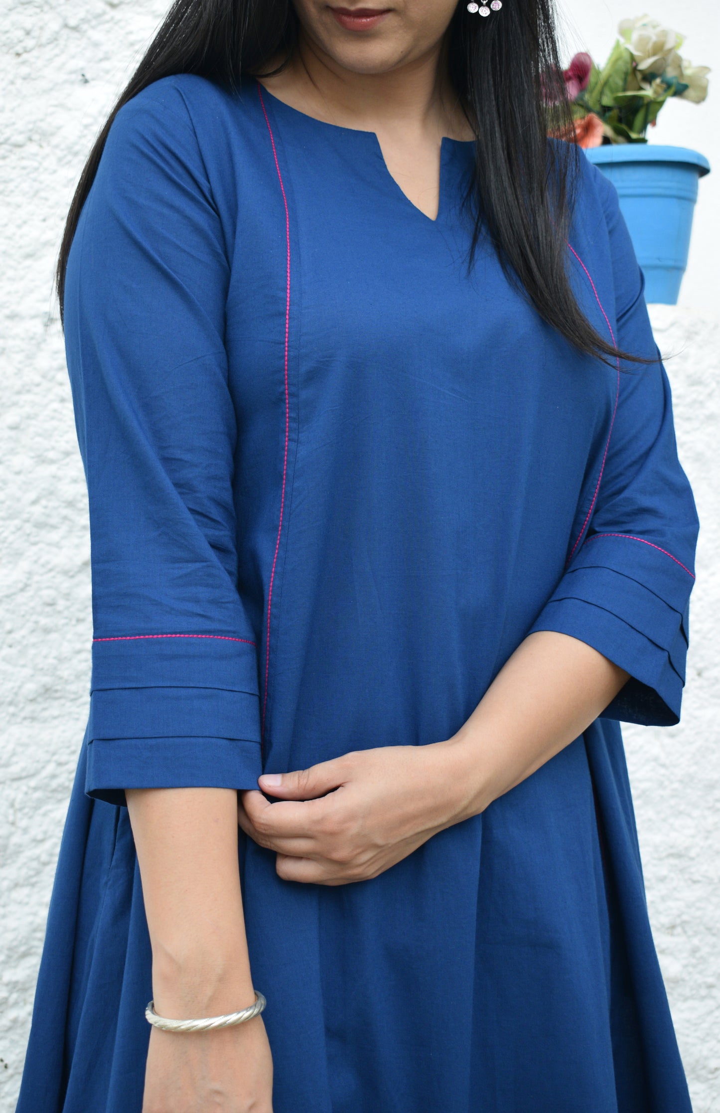 Midnight blue A line Cotton Kurta with Panels and Blue pyjama