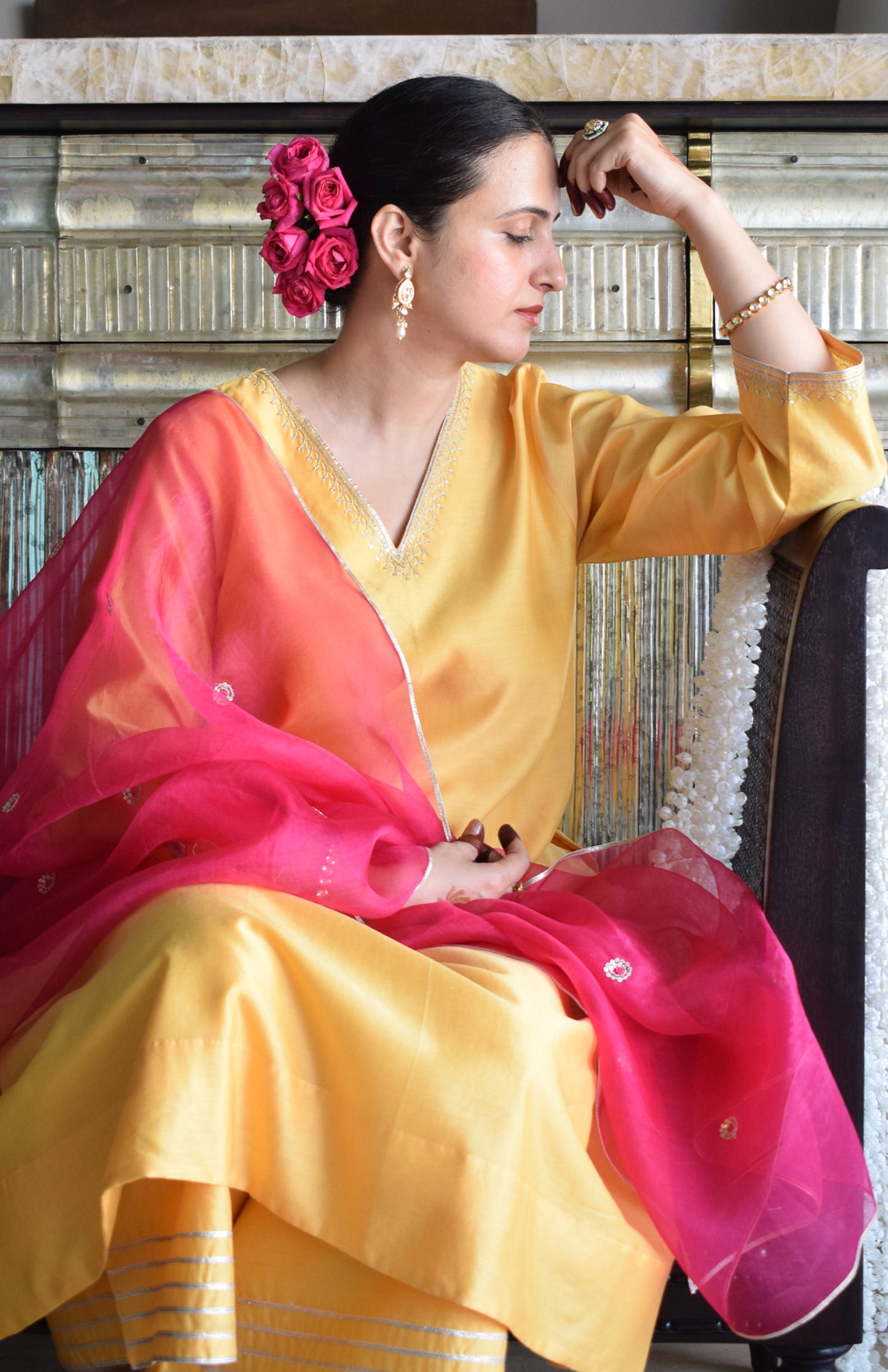 Kanak Chanderi Set with Hand Embroidered A line Kurta and Wide Legged Pyjama