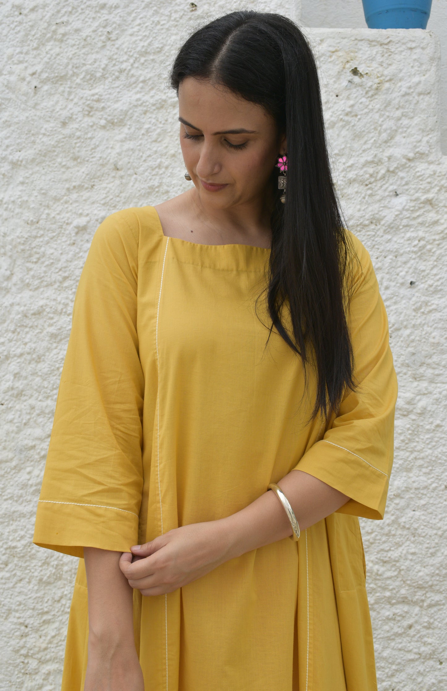 Yellow Flared Cotton Kurta with square neck