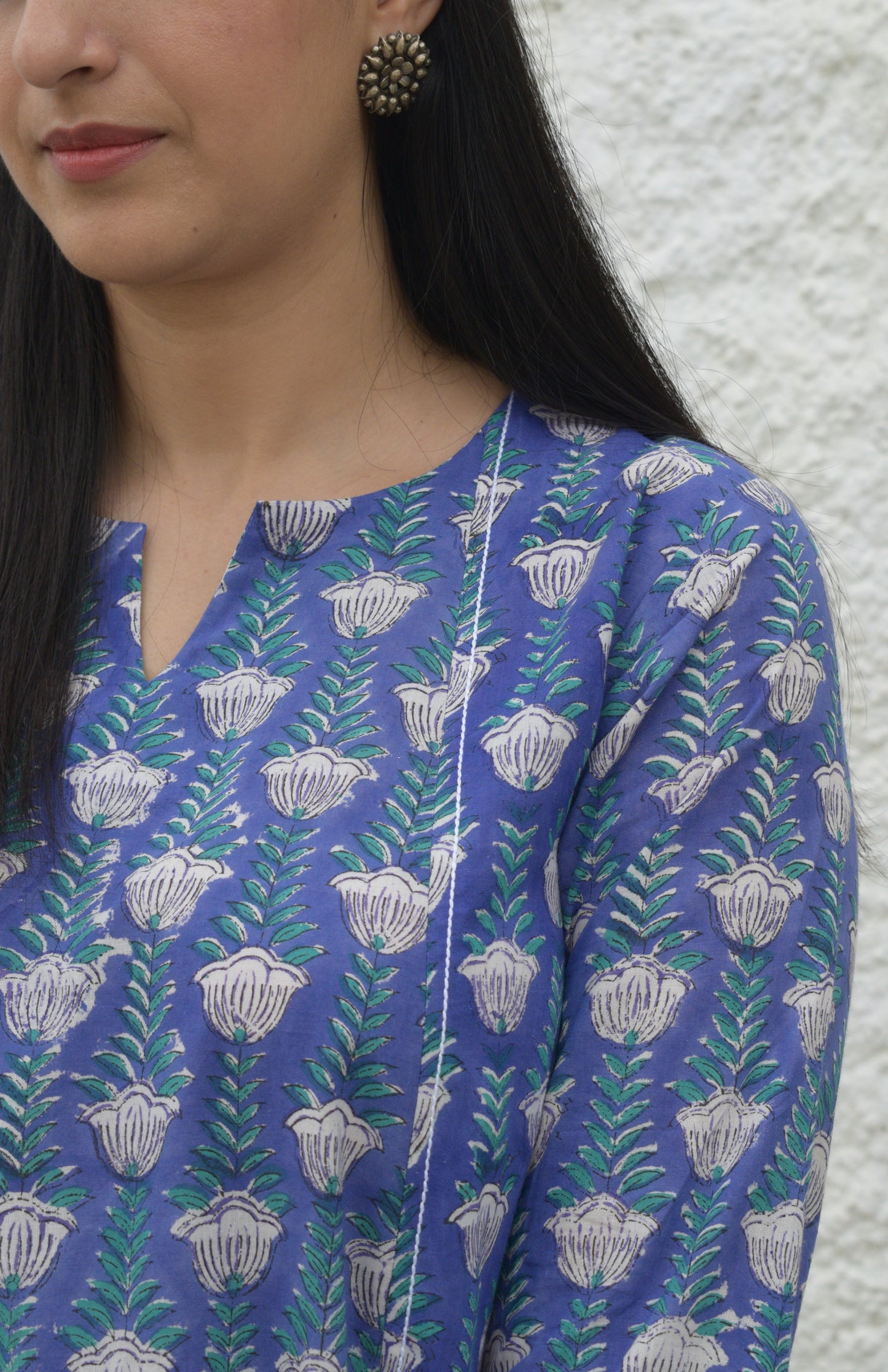 Violet block printed A line cotton kurta with panels