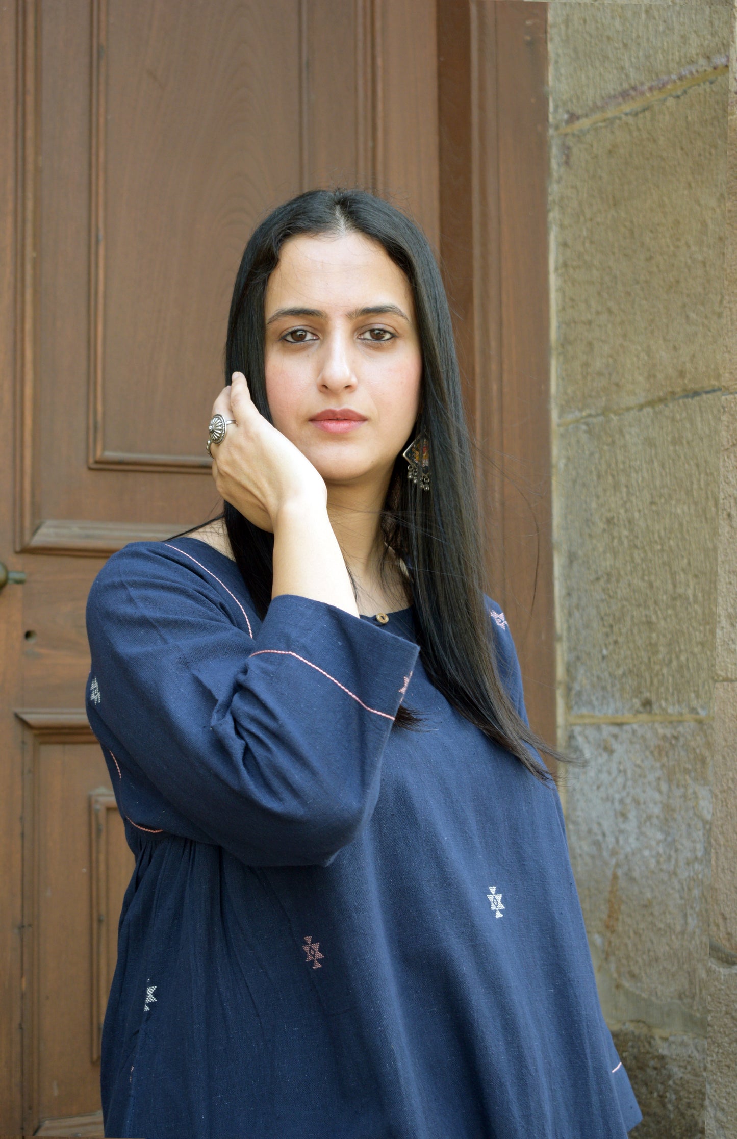 Navy blue kala cotton kurta with side gathers