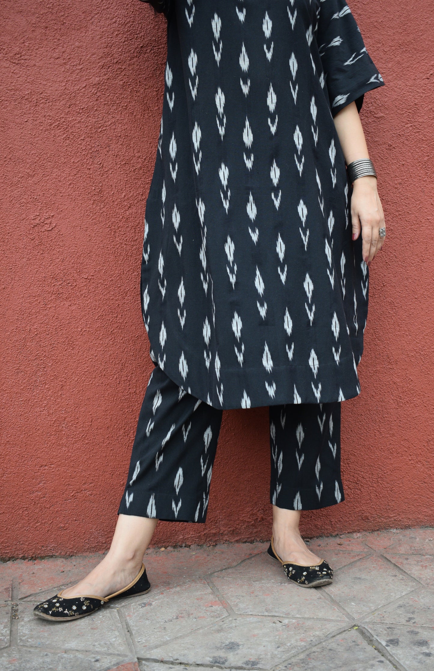 Black ikat straight fit trousers