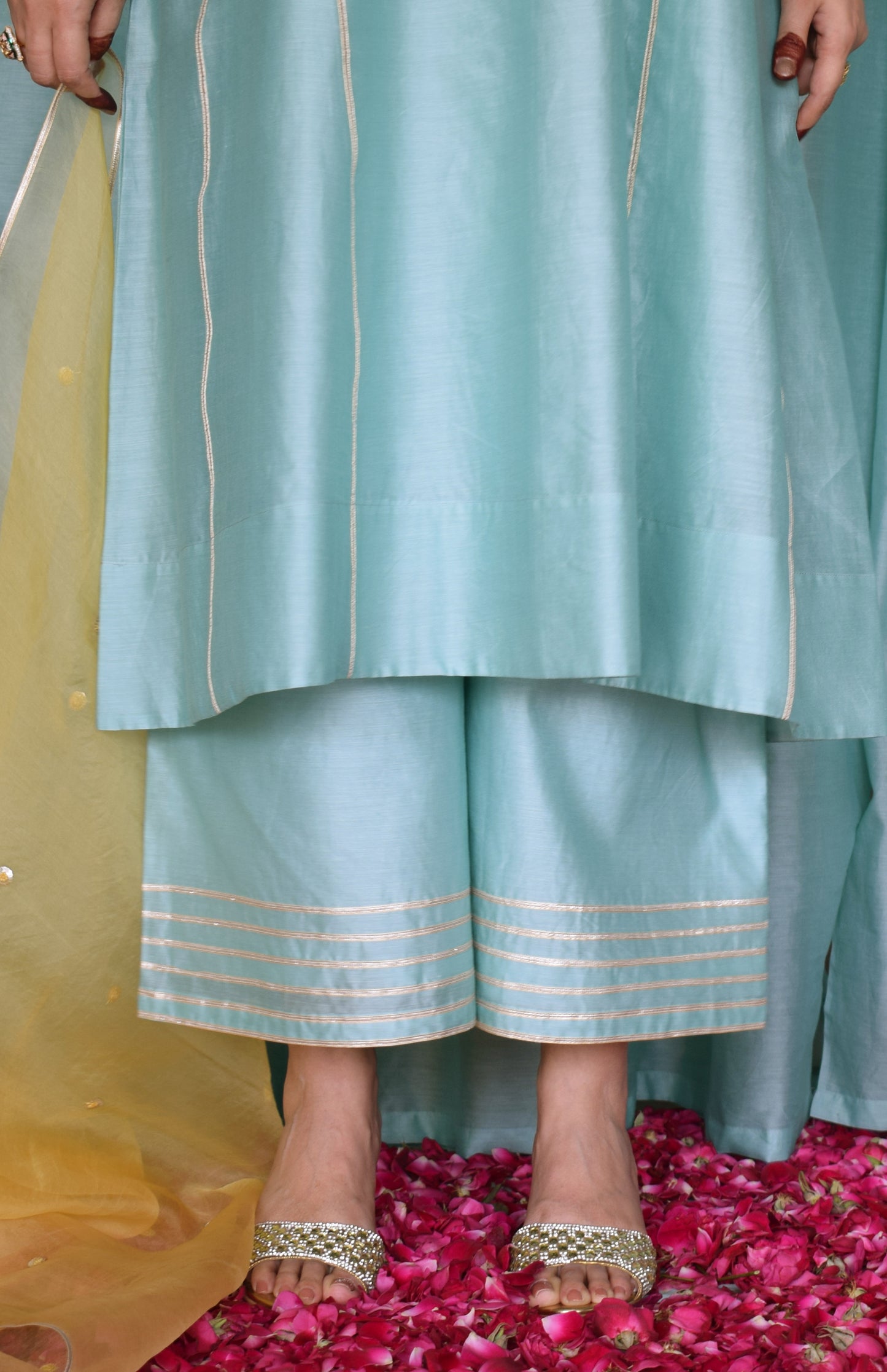 Meher Chanderi Set with Hand Embroidered Phiran Kurta and Wide Legged Pyjama