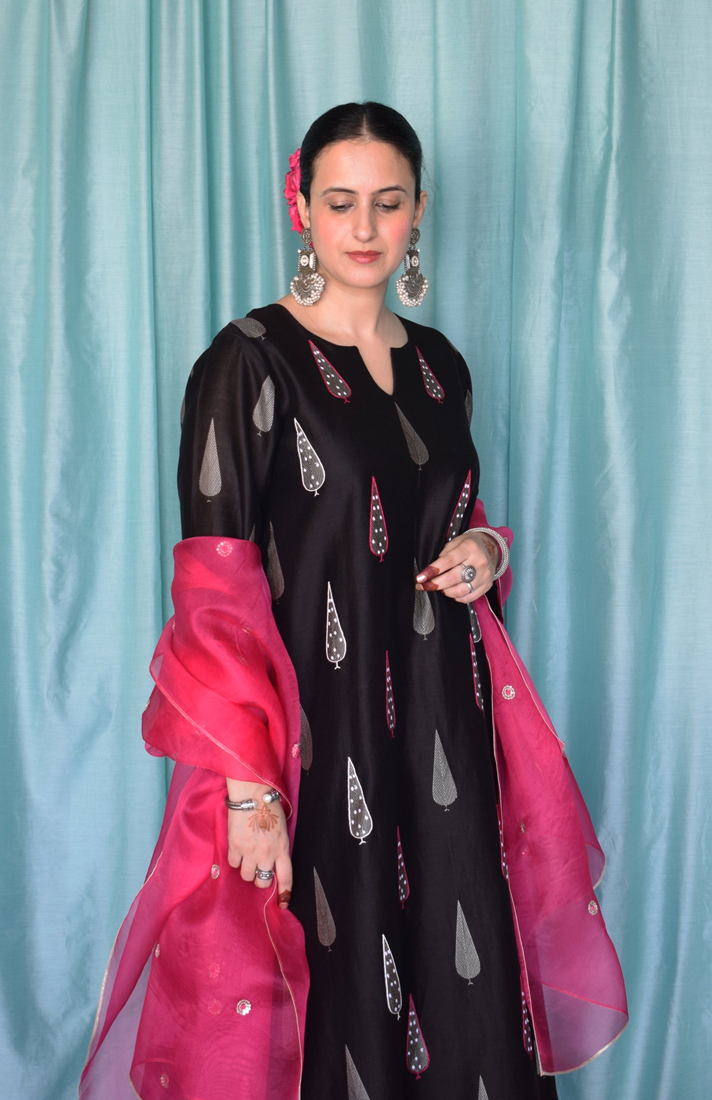 Shyam Chanderi Set with Hand Embroidered A line Kurta and Wide Legged Pyjama