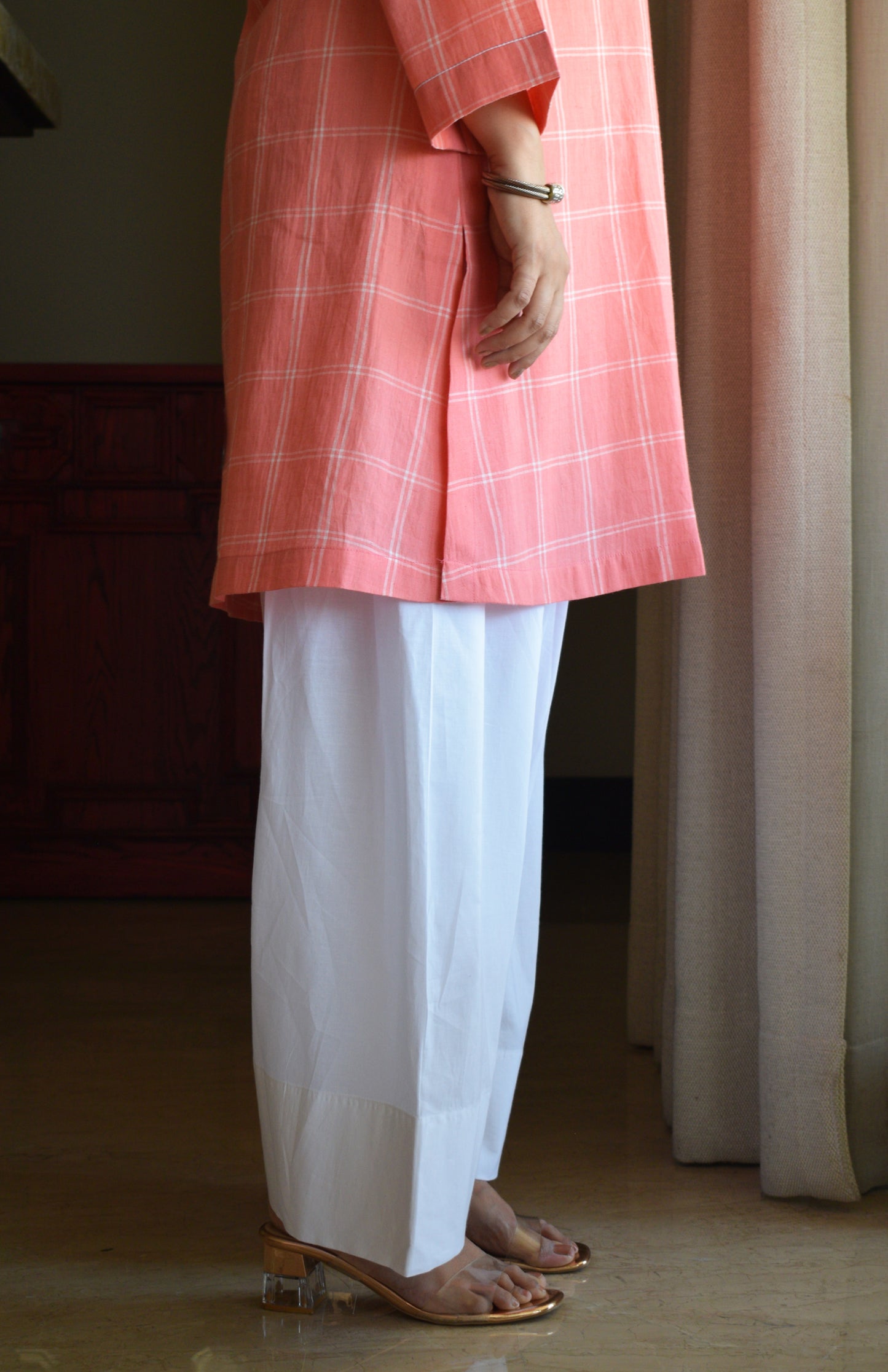 Pink and White Short Kurta in Handwoven Cotton Checks