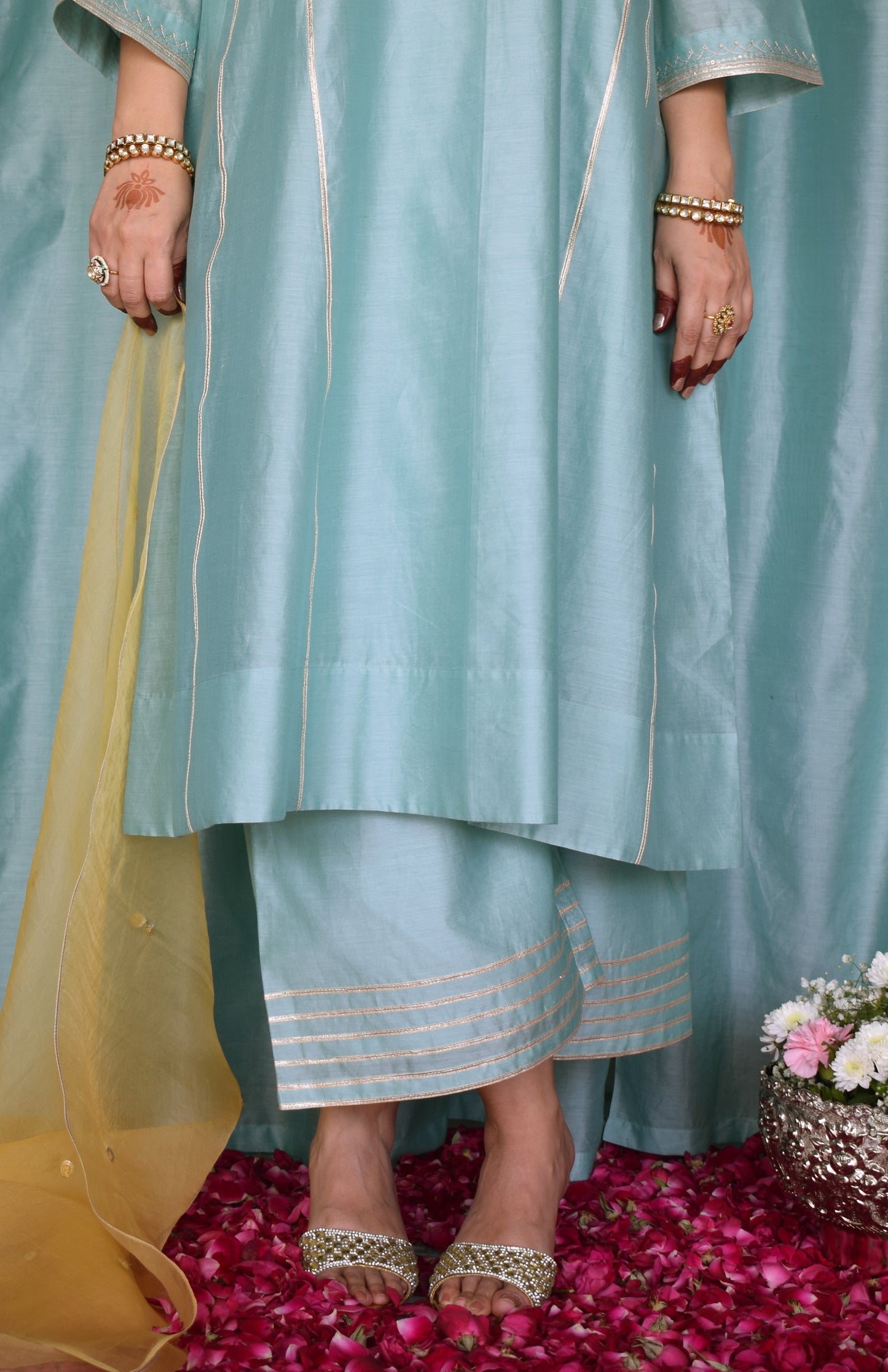 Meher Chanderi Set with Hand Embroidered Phiran Kurta and Wide Legged Pyjama