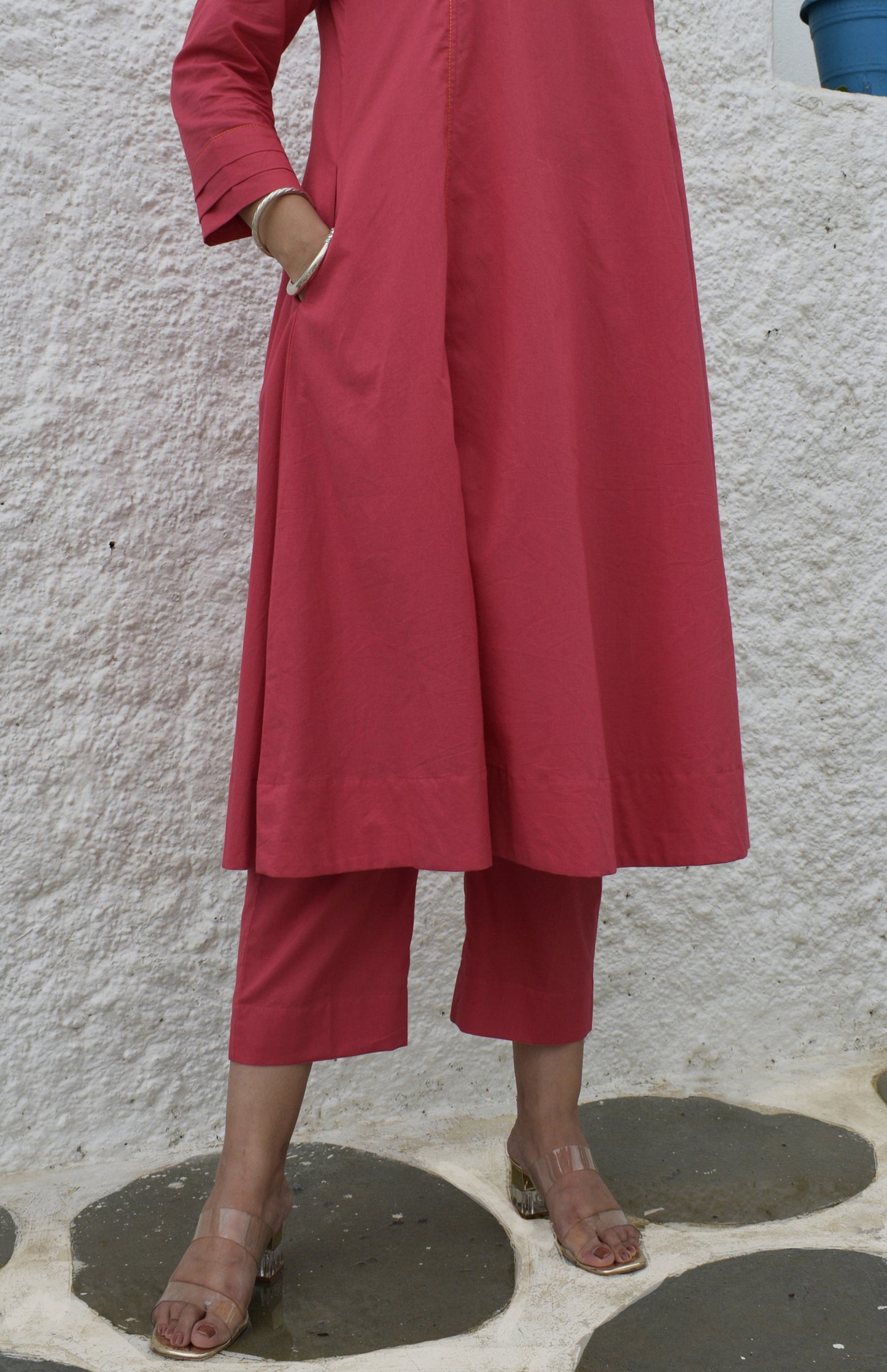 Pink A line Cotton Kurta with Panels and pink pyjama