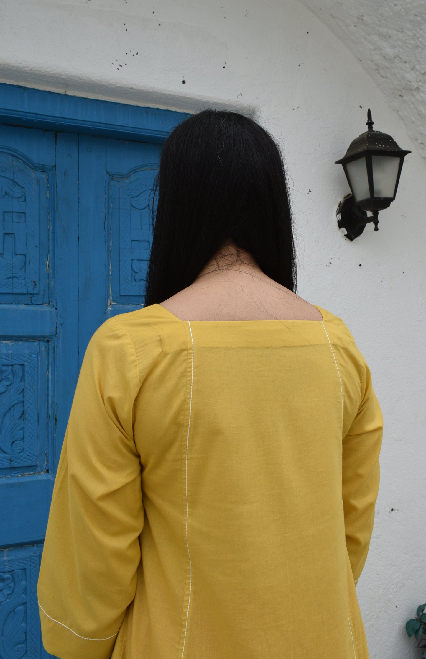 Yellow Flared Cotton Kurta with square neck