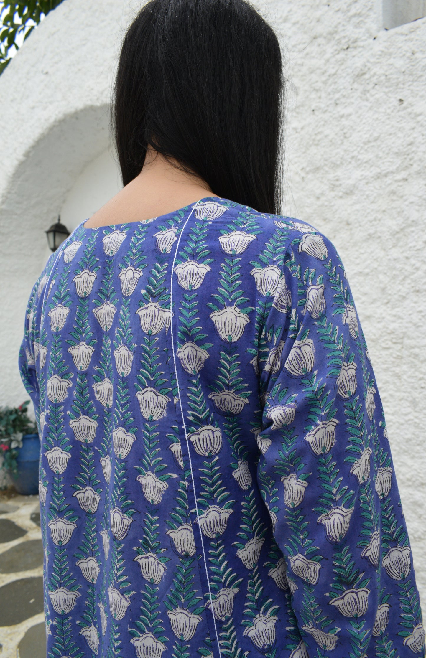Violet block printed A line cotton kurta with panels
