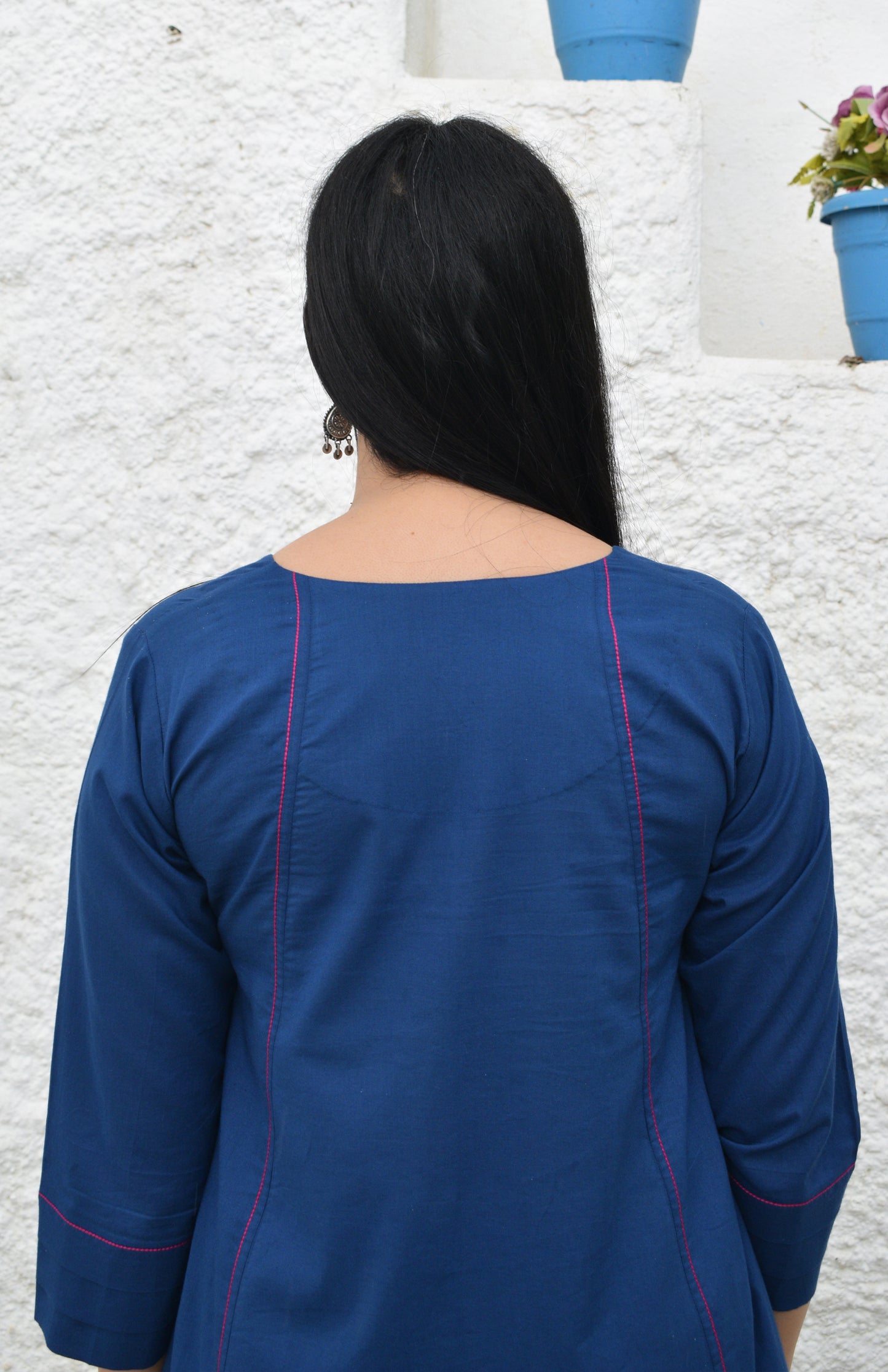Midnight blue A line Cotton Kurta with Panels and Blue pyjama