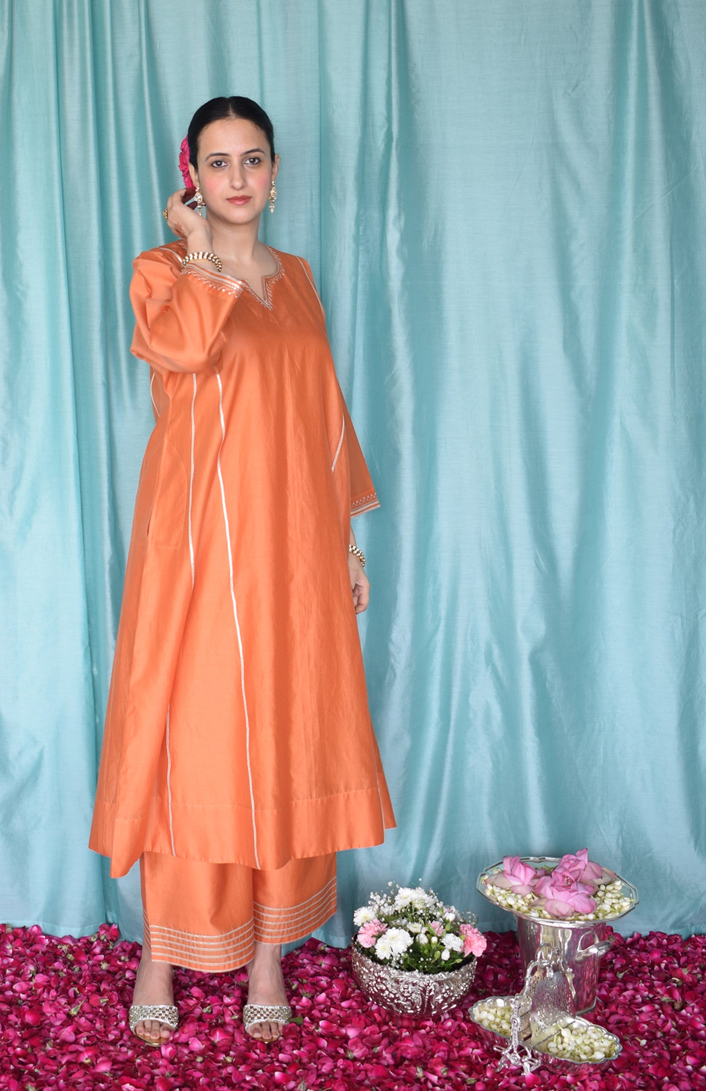 Neerja Chanderi Set with Hand Embroidered Phiran Kurta and Wide Legged Pyjama