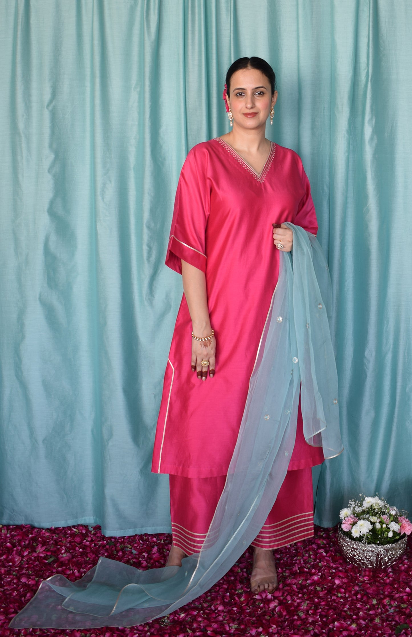 Rohini Chanderi Set with Hand Embroidered Choga Kurta and Wide Legged Pyjama