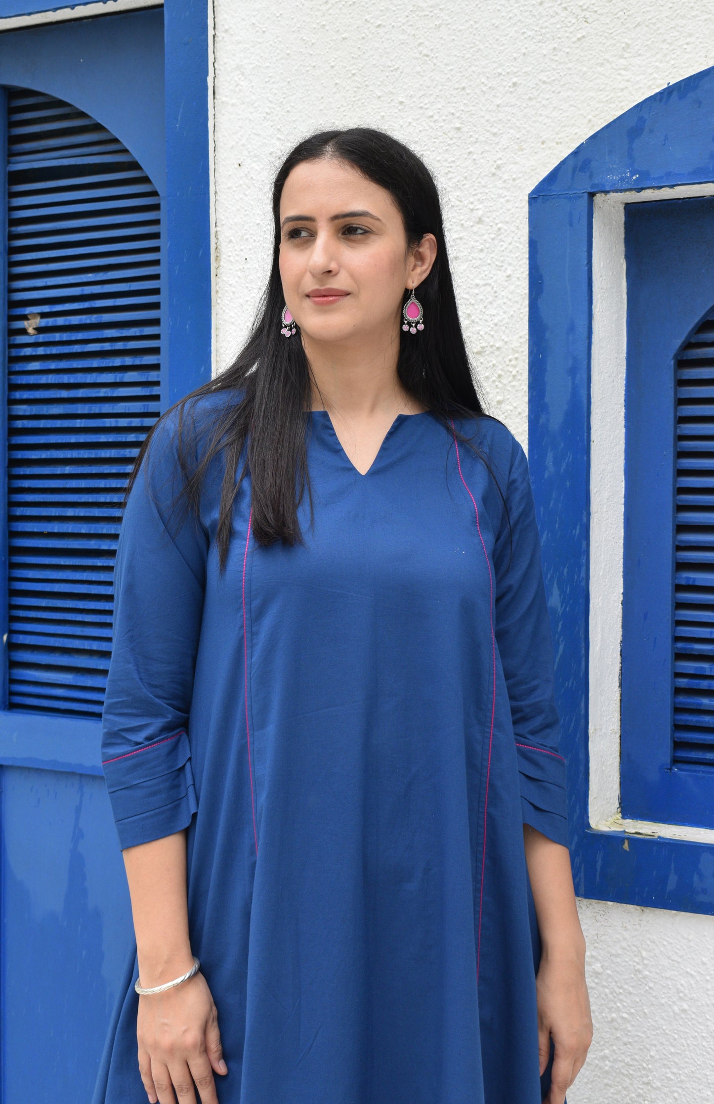 Midnight blue A line Cotton Kurta with Panels and Blue pyjama