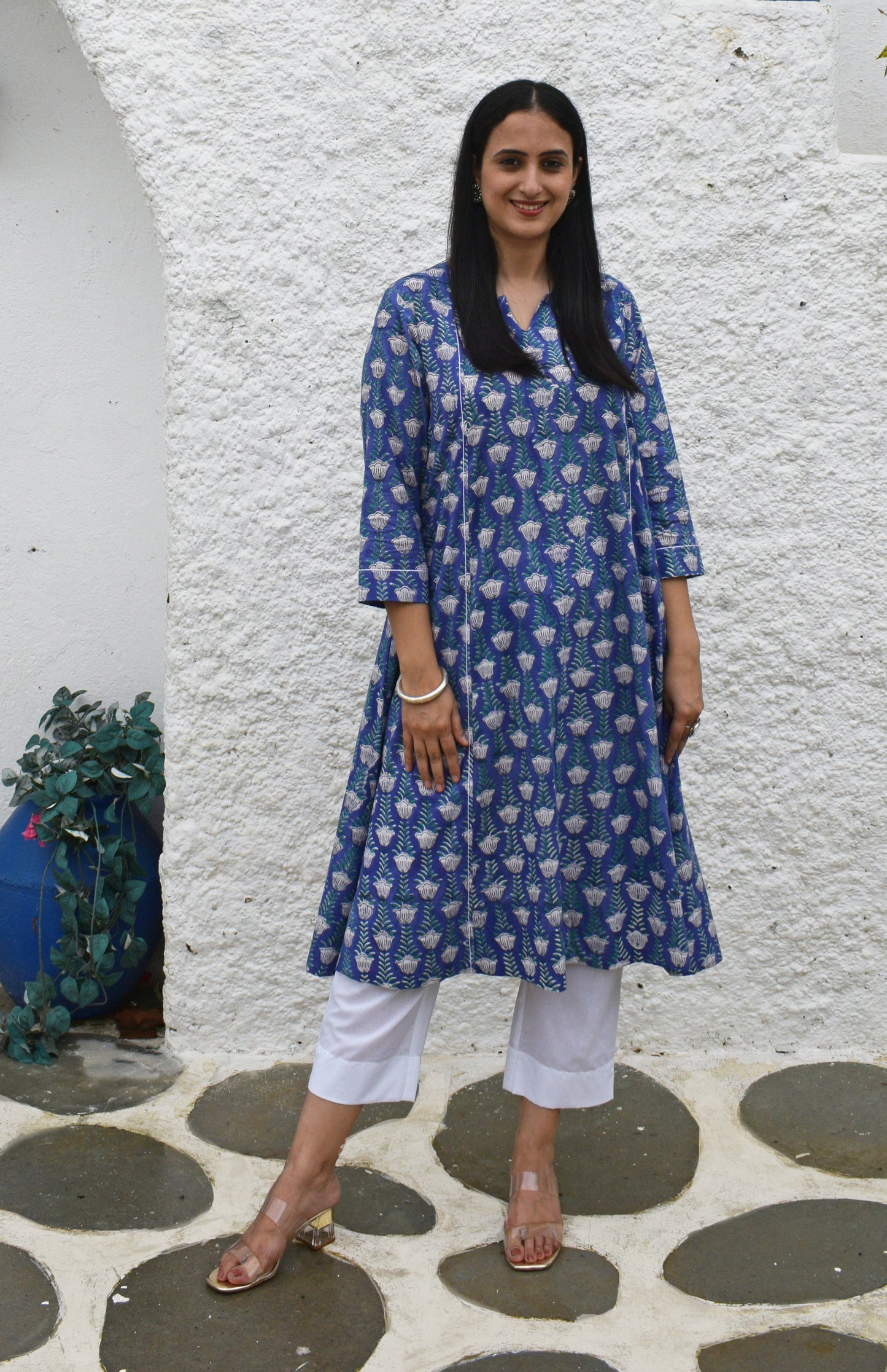 Violet block printed A line cotton kurta with panels