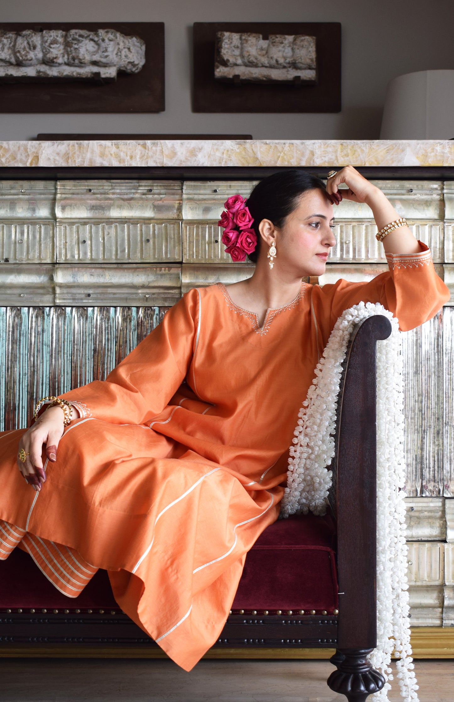 Neerja Chanderi Set with Hand Embroidered Phiran Kurta and Wide Legged Pyjama