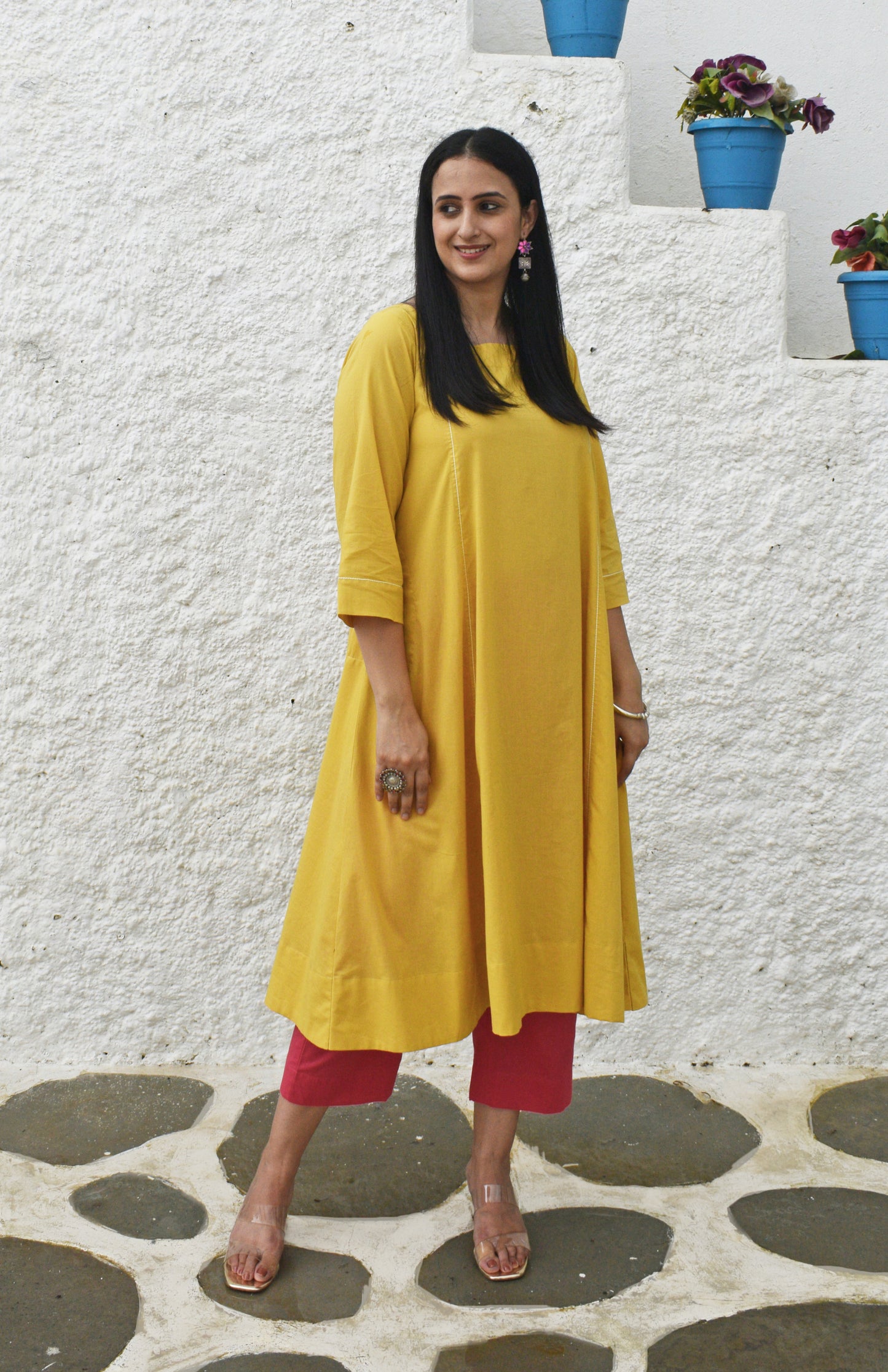 Yellow Flared Cotton Kurta with square neck