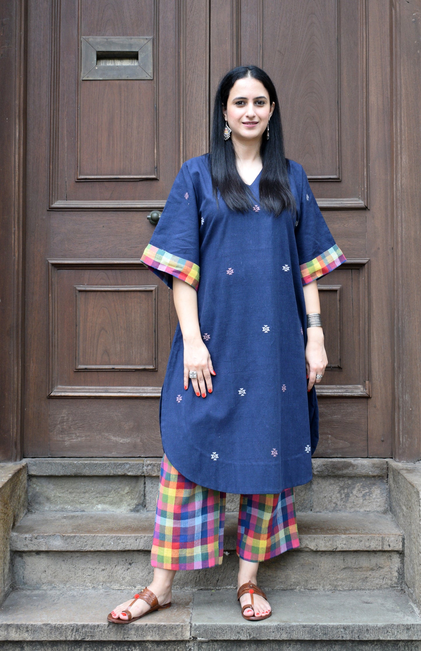 Navy blue Chowmukh Kala Cotton Choga and pants