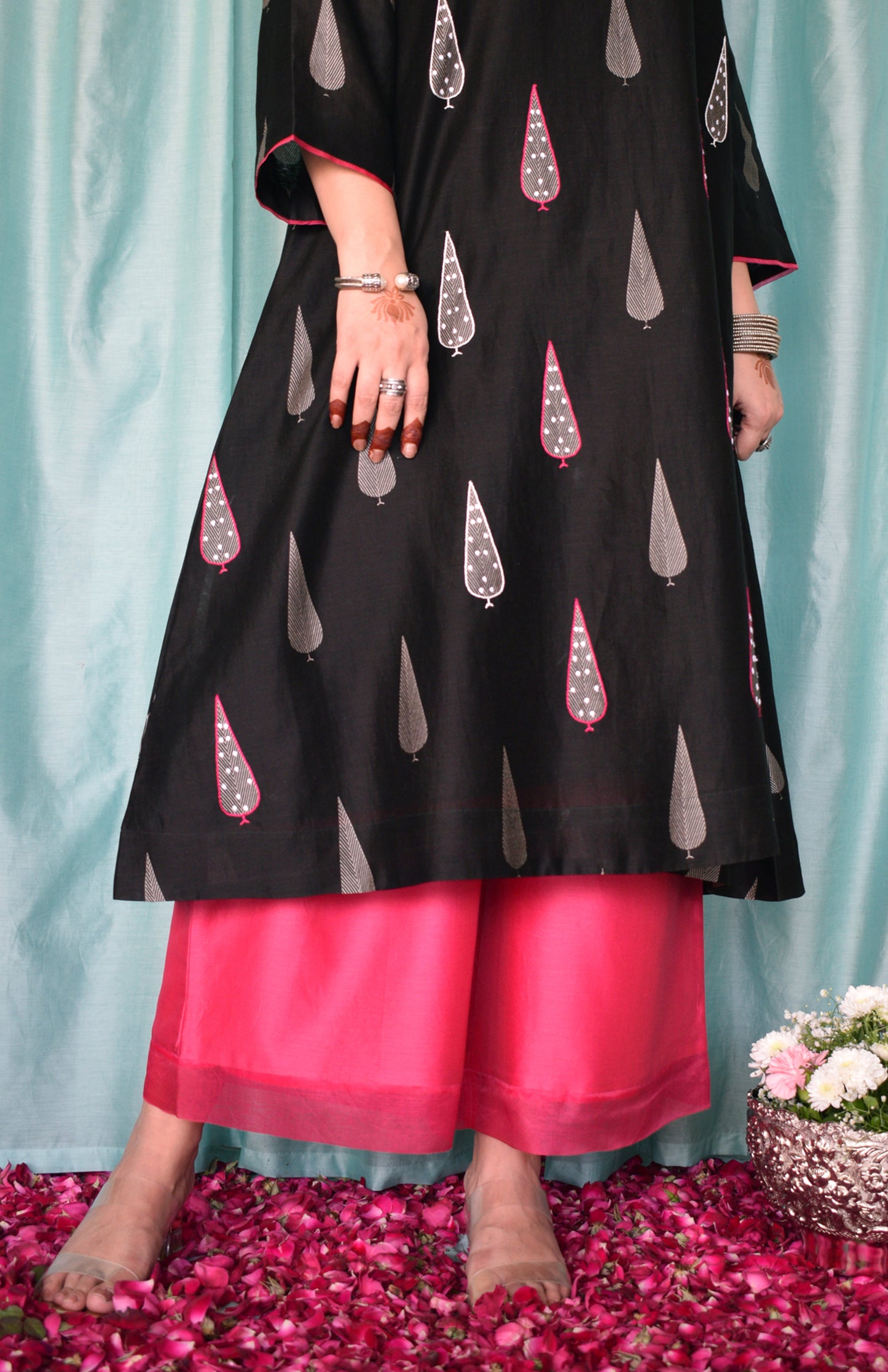 Shyam Chanderi Set with Hand Embroidered A line Kurta and Wide Legged Pyjama