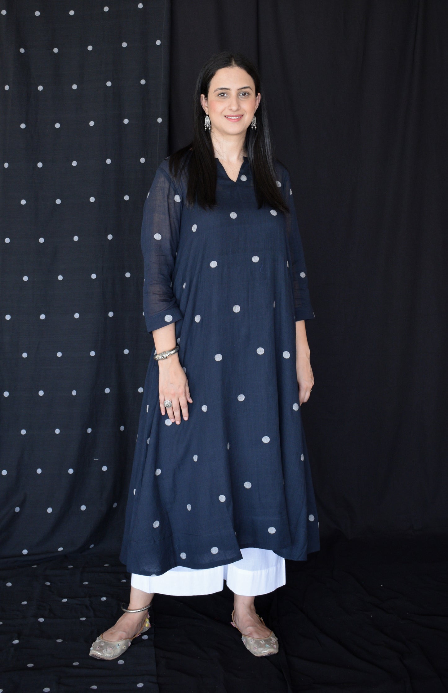 Black jamdani A line Polka dot kurta